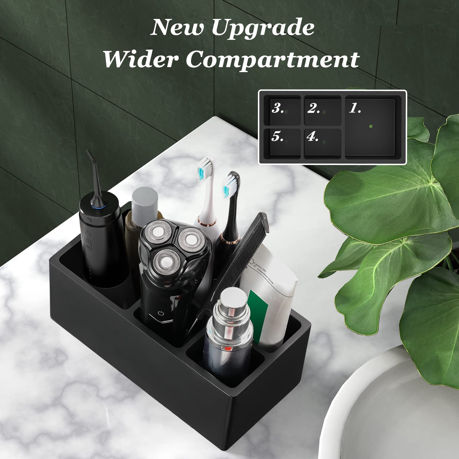 Luxspire 5-Slot Toothbrush Holder with Razor Storage & Toothpaste Stand - Resin Bathroom Organizer for Vanity Counter, Sink, and Dental Accessories - Black | Perfect for Small Bathrooms, Apartment Decor, and Travel Essentials Organization