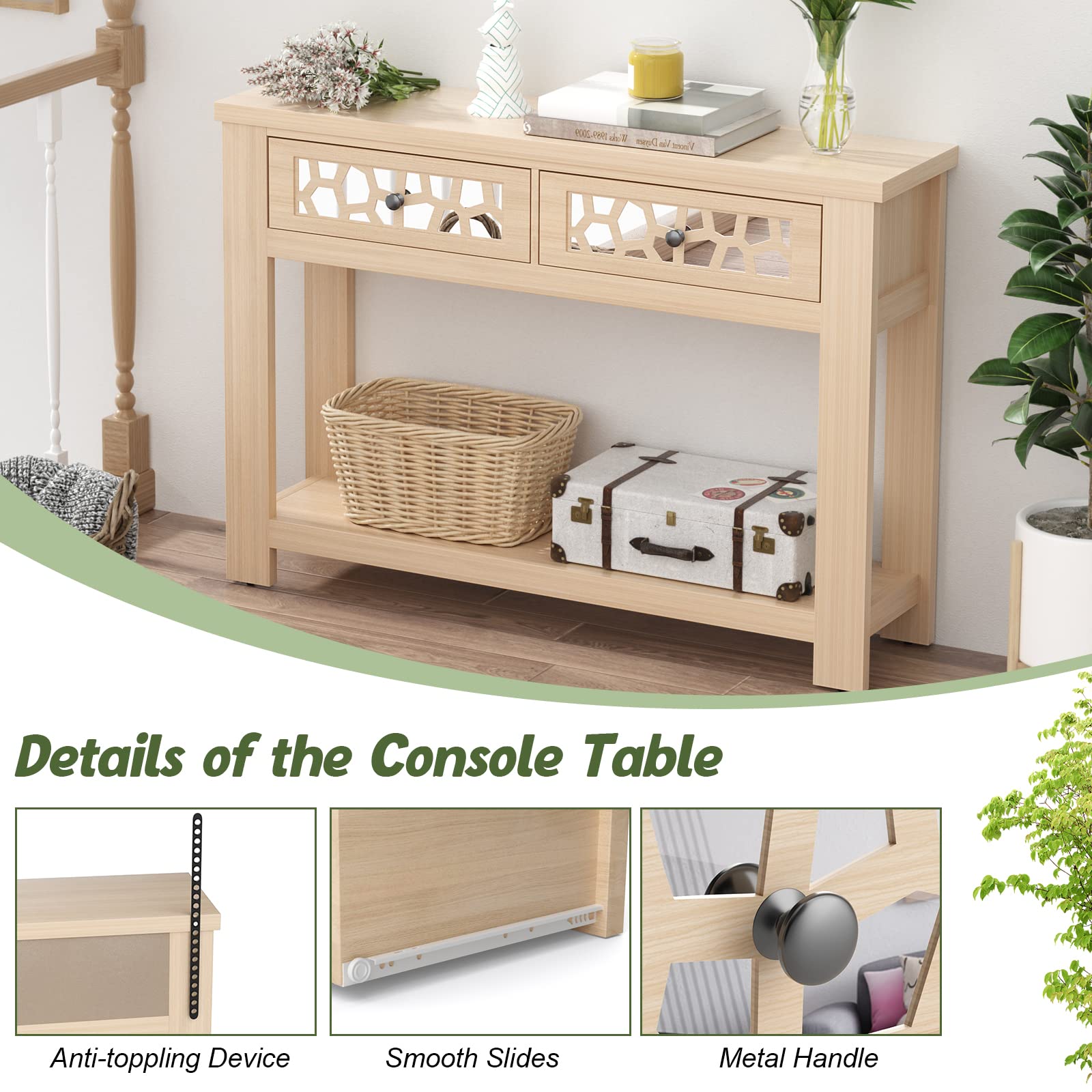 Giantex 2-Tier Wooden Console Table with 2 Drawers & Open Storage Shelf - Entryway Table for Living Room, Hallway, or Foyer - Easy Assembly Rectangular Accent Table (Natural Finish) - Perfect for Small Spaces, Home Decor & Organizing Keys, Mail & Essentials