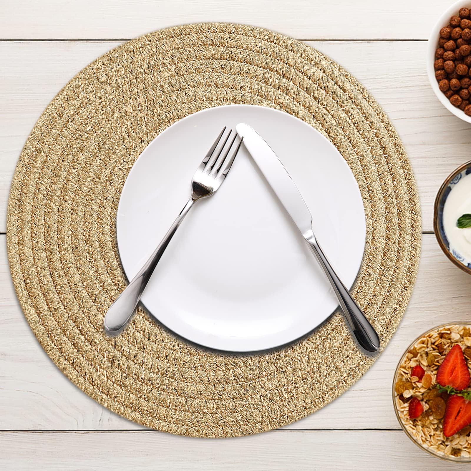 Round Cotton Placemats Set of 4 - 12 Inch Woven Washable Table Mats for Round Dining Table (Khaki) - Perfect for Casual Dining, Kitchen Decor, and Dinner Parties