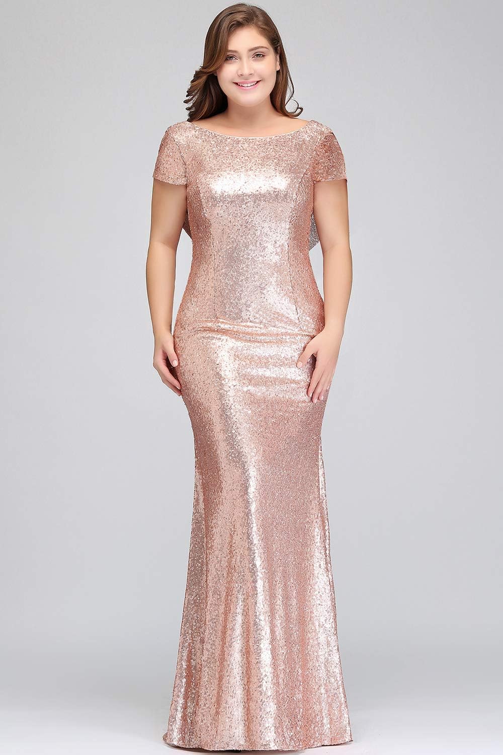 MisShow Women's Plus Size Rose Gold Sequin Prom Dress - Elegant Bridesmaid & Evening Gown for Formal Events, Weddings, Parties & Special Occasions