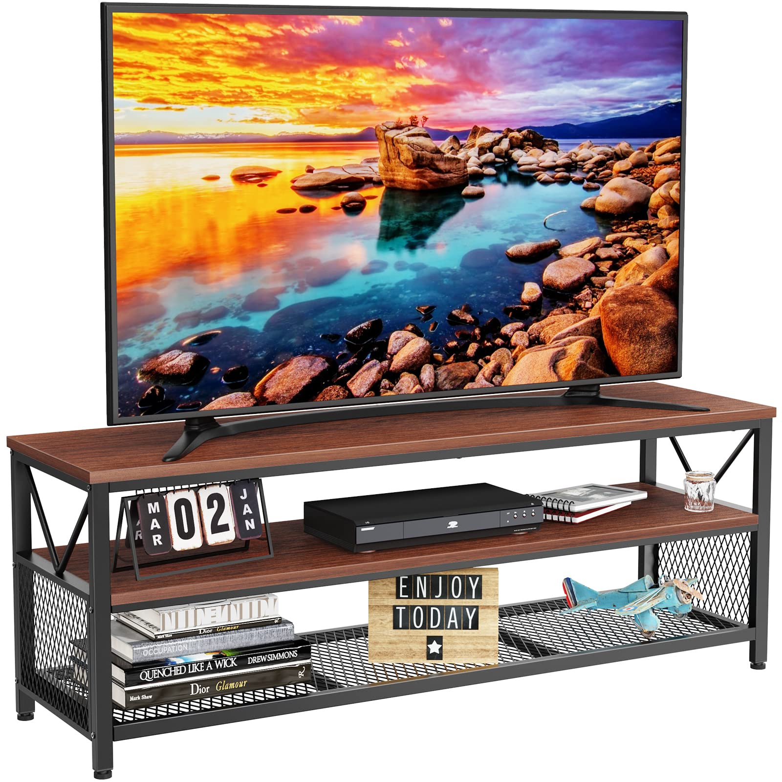 NOBLEWELL 60 Inch TV Stand with Storage - 3-Tier Wooden Entertainment Center & Media Console for Living Room, Bedroom, Home Theater - Fits Flat Screen TVs up to 60