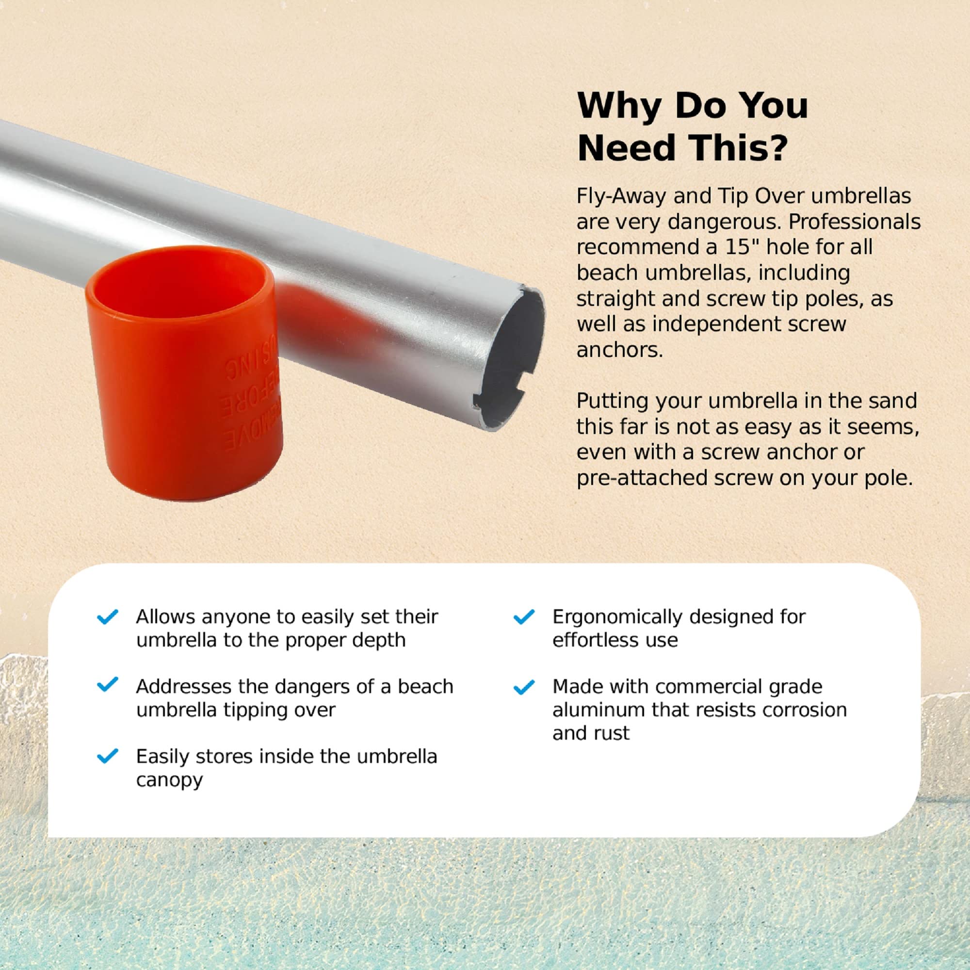 Aluminum Sand Digger Tool - Compact 15'' Holes for Beach Umbrella & Anchors - Perfect for Beach Setup