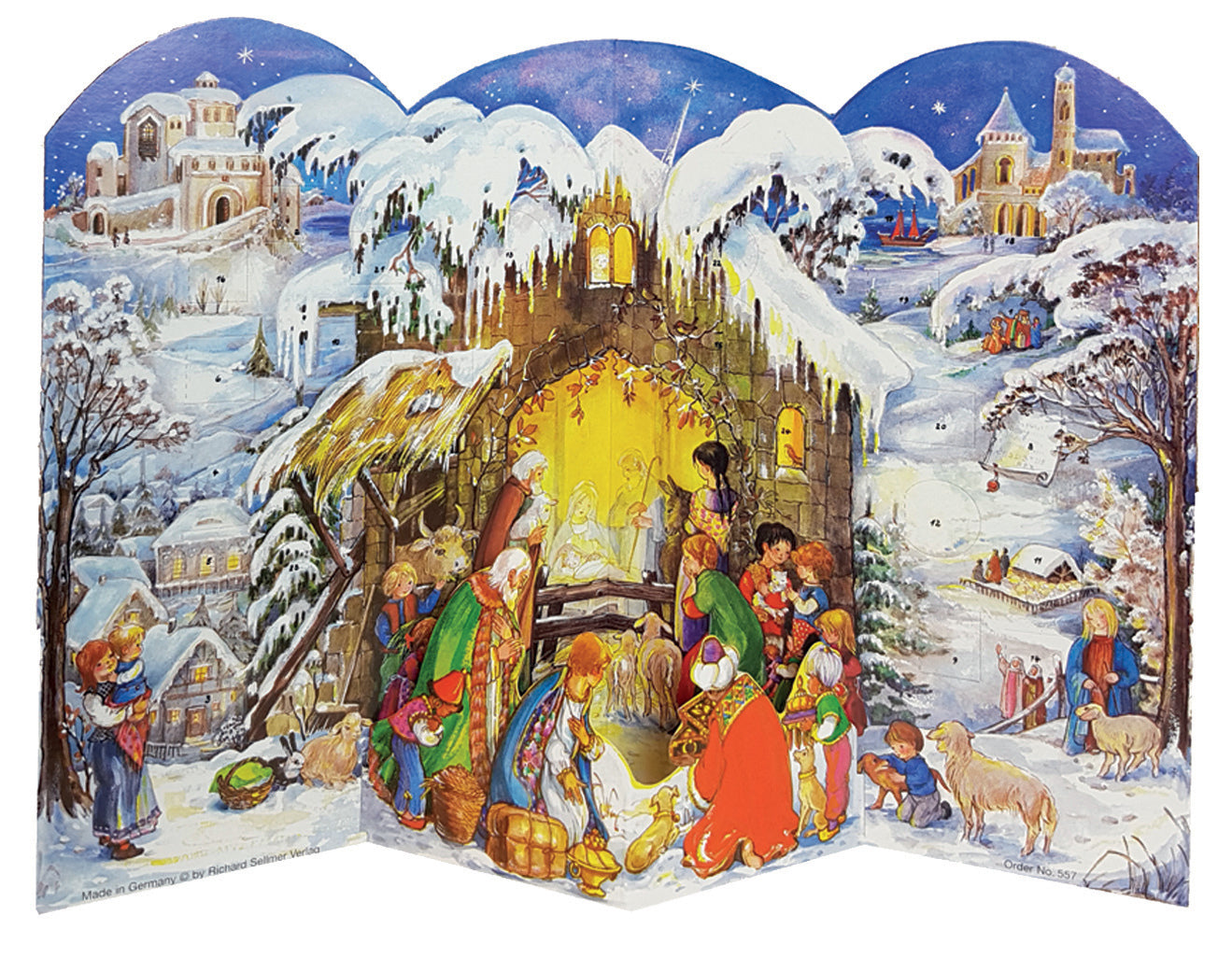 Traditional German Advent Calendars - 3D Large Nativity Scene with Baby Jesus | Christmas Countdown Decor for Home, Church & Office (No. 557)