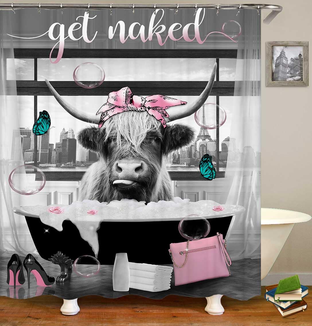 4PCS Black and White Highland Cow Shower Curtain Set with Funny Quote - Non-Slip Bath Mat & Eiffel Tower Decor | Modern Bathroom Accessories for Farmhouse, Glam, or Parisian Style Homes