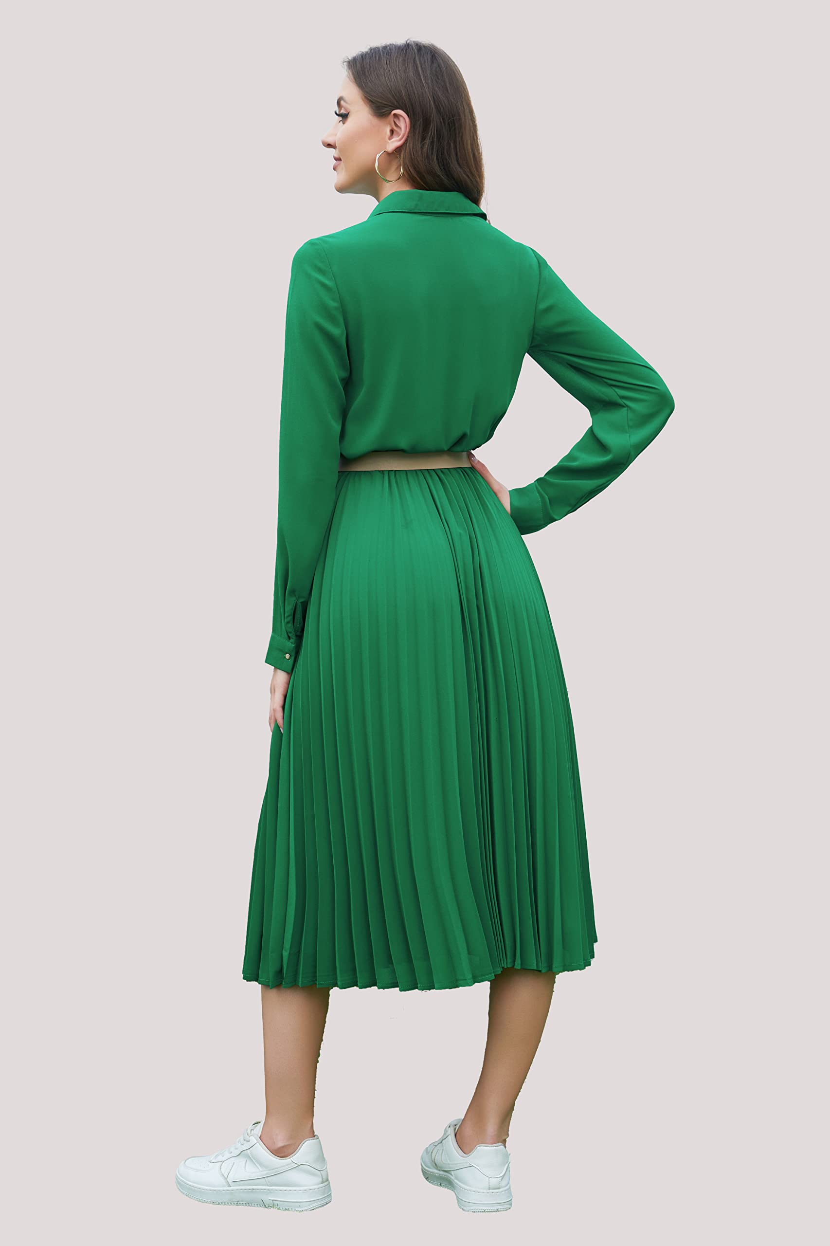 Elegant Women's Business Casual Shirt Dress - Long Sleeve Pleated Midi Dress with Adjustable Belt | Perfect for Office Wear, Business Meetings & Professional Events