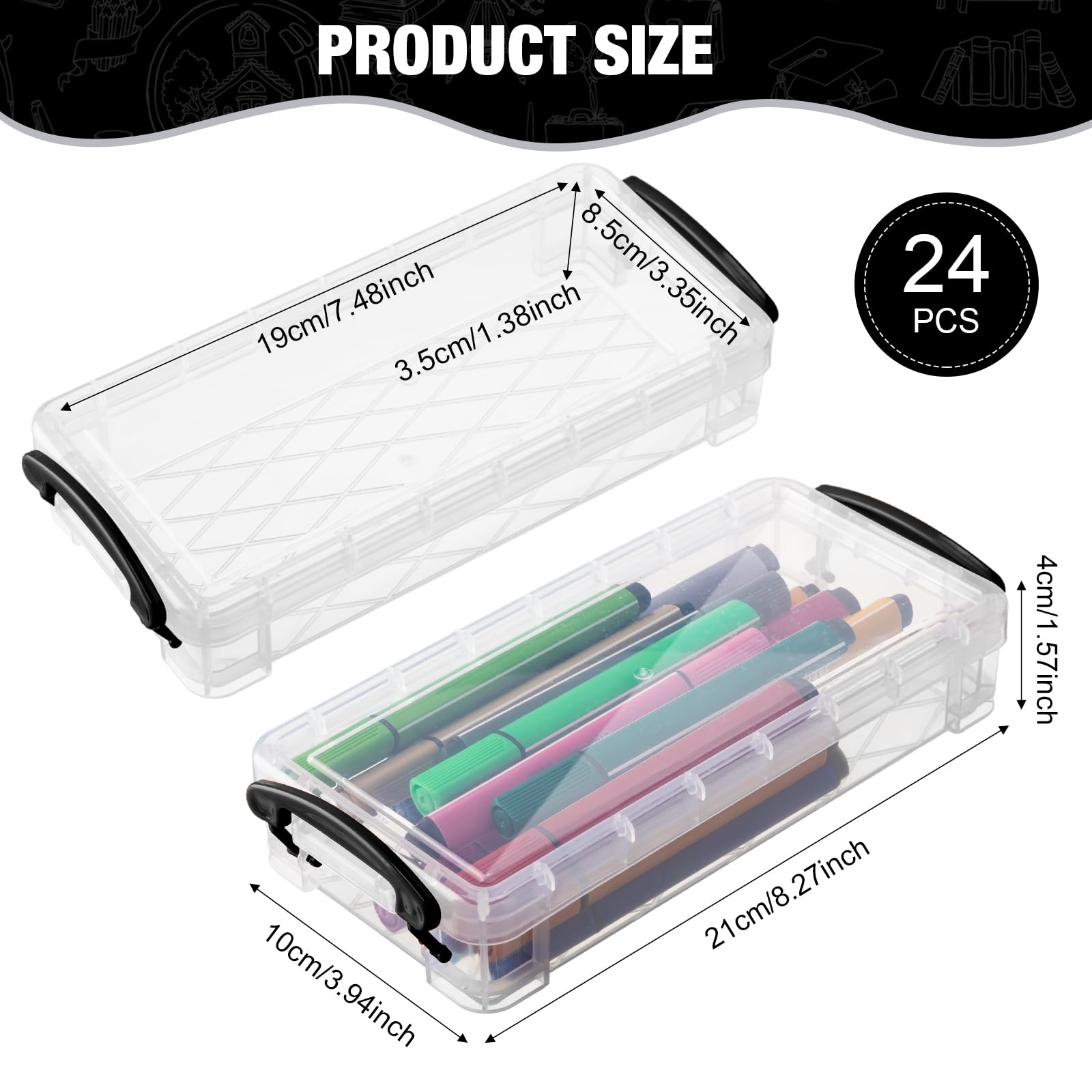 Gueevin 24-Piece Large Capacity Clear Plastic Pencil Case with Snap-Tight Lid - Crayon Storage Box, Watercolor Pen Holder & Brush Organizer for School, Office & Art Supplies (Black) - Perfect for Students, Artists & Professionals