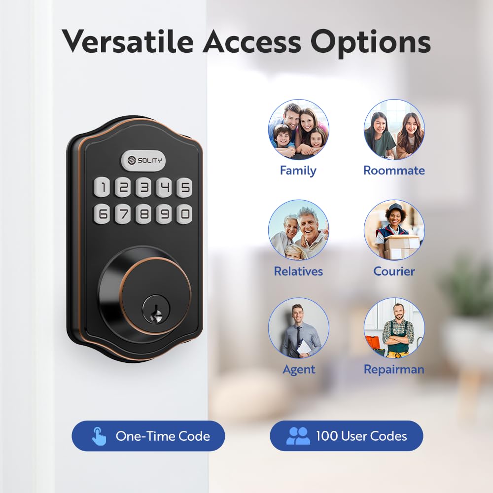 Solity Smart Digital Electric Deadbolt Keypad Lock - Keyless Entry & Auto Lock with 100 Custom Codes - Easy Installation for Exterior Front Entry Doors - Residential Use (Oil Rubbed Bronze) - Perfect for Homes, Apartments & Vacation Rentals