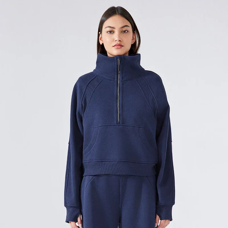 Women's Fleece Half-Zip Pullover Hoodie - Warm High Stand Collar Sports Top for Fall & Winter | Outdoor Activities, Gym Workouts & Casual Wear
