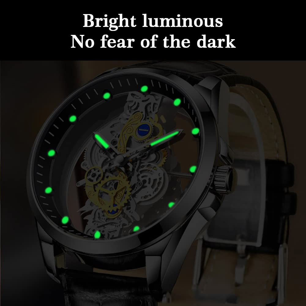 Tiong Men's Stainless Steel Waterproof Skeleton Quartz Watch - Clear Cover Business Dress Watch for Men | Perfect for Office, Formal Events & Everyday Wear