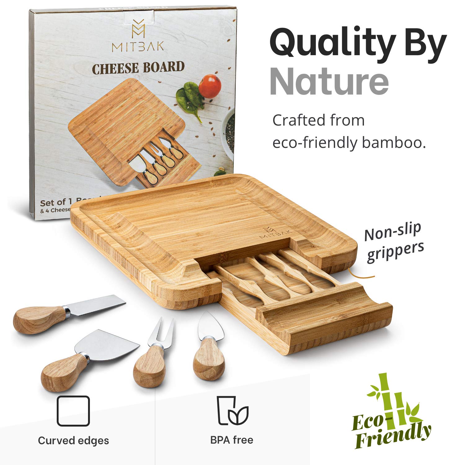 MITBAK Bamboo Charcuterie Board Tray with 4 Cheese Knives - 13x13x1.5 Inch Wooden Serving Platter for Cheese, Charcuterie & Appetizers - Perfect Gift for Christmas, Thanksgiving, Housewarming & Dinner Parties - Ideal for Entertaining, Wine Nights & Holiday Gatherings