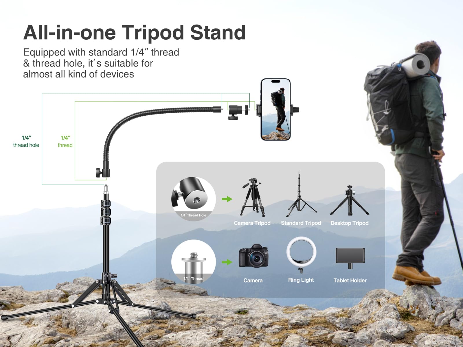 Elitehood 6.8 Feet Tall Aluminum Phone Tripod Stand - Lightweight & Ultra Stable Adjustable Phone Holder for iPhone 15 Pro Max/15 Pro/14/13 & Android Smartphones - Perfect for Vlogging, Live Streaming, Video Recording & Photography