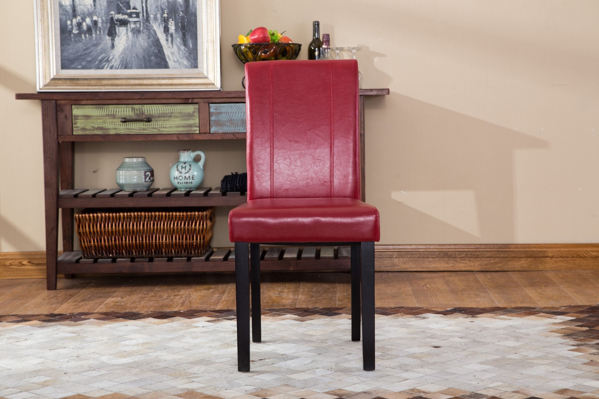 Roundhill Urban Style Solid Wood Faux Leather Parsons Dining Chairs - Set of 2, Modern Red Accent Chairs for Kitchen, Dining Room & Home Office