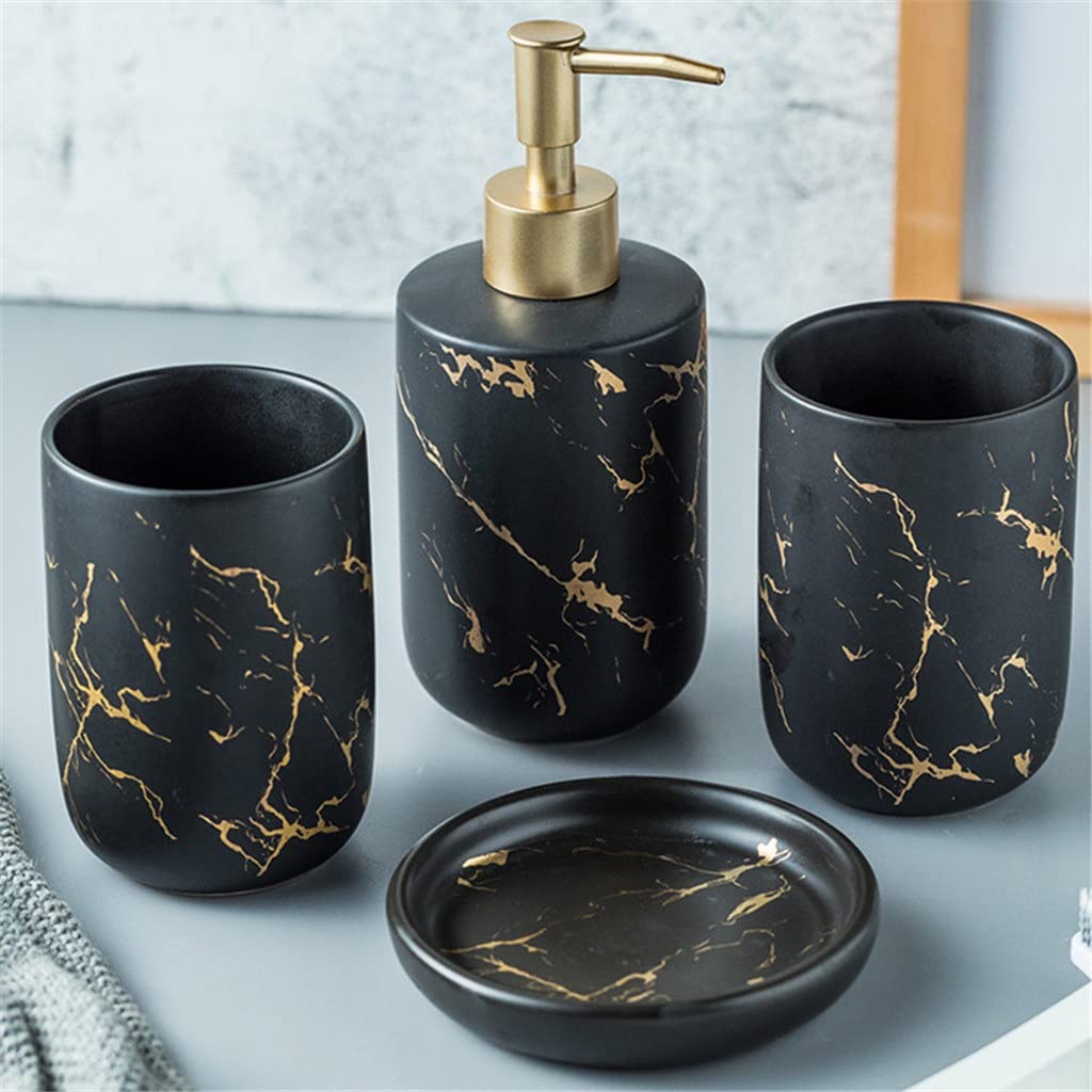 Premium Marble Ceramic Bathroom Accessory Set - Toothbrush Holder, Mouthwash Cup, Soap Dish & Shampoo Dispenser | Modern Vanity Organizer for Spa-Like Bathroom Decor