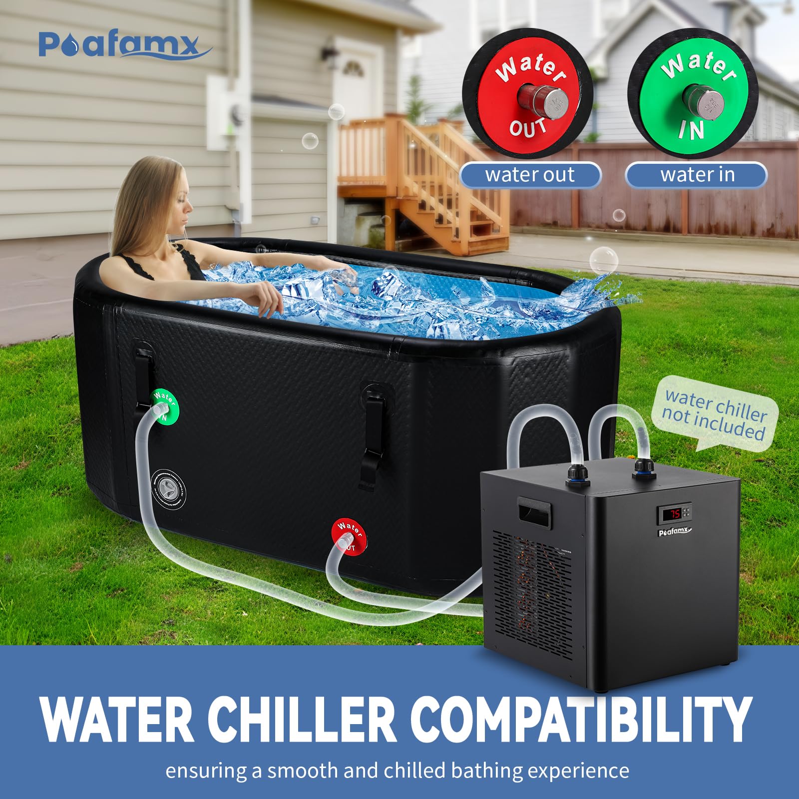 Poafamx XXL Inflatable Ice Bath Tub - 155 Gallon Portable Cold Plunge Tub for Athletes with Insulated Cover | Cold Water Therapy for Muscle Recovery, Post-Workout Relief | Indoor & Outdoor Use (Black)