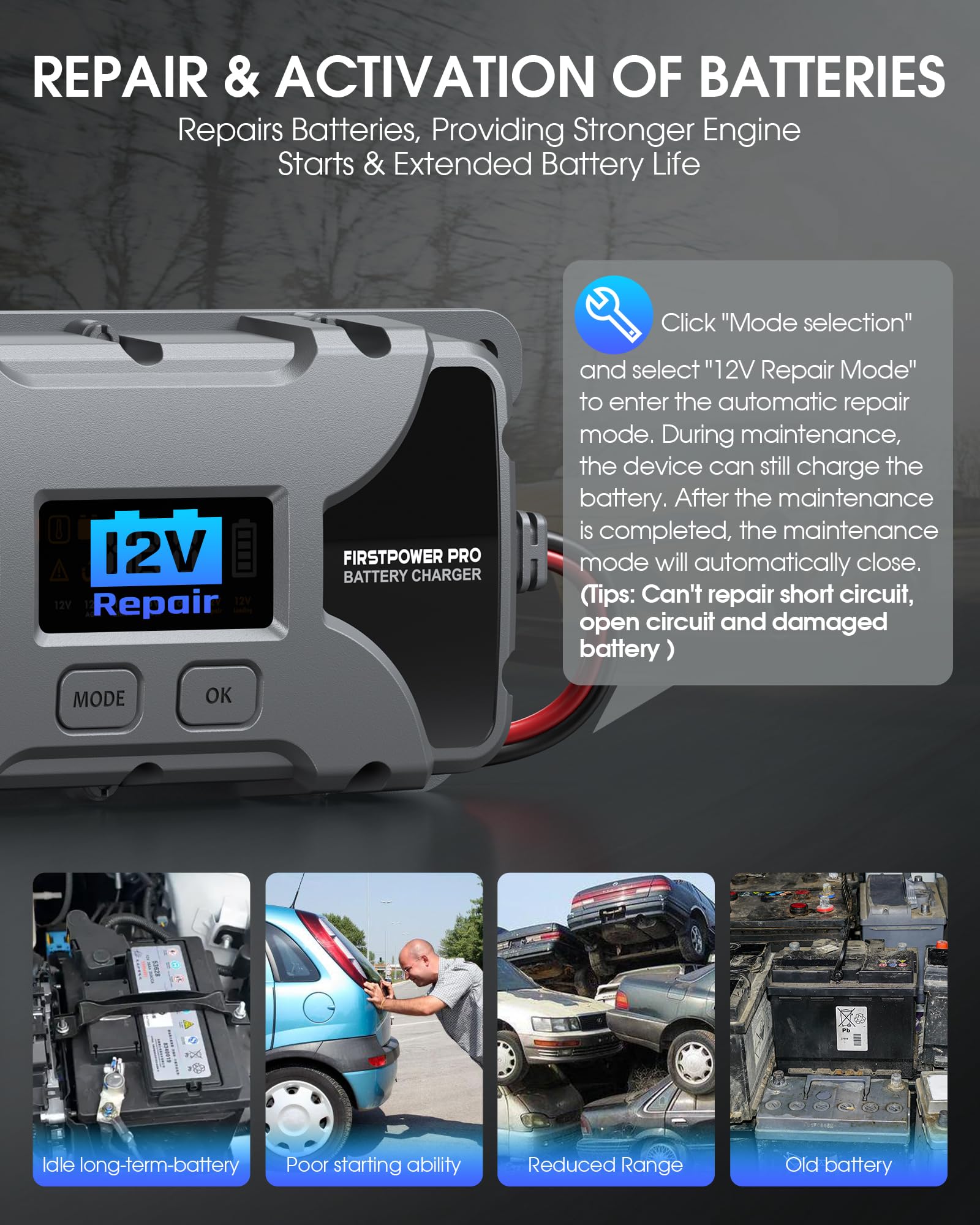 5A 12V/6V Smart Car Battery Charger & Maintainer - Portable Fast-Charging for Lead Acid, AGM, Gel, Lithium (LiFePO4) Batteries - Pulse Repair & Trickle Charge for Cars, Motorcycles, RVs, Boats - Perfect for Winter Storage & Emergency Jump Starts
