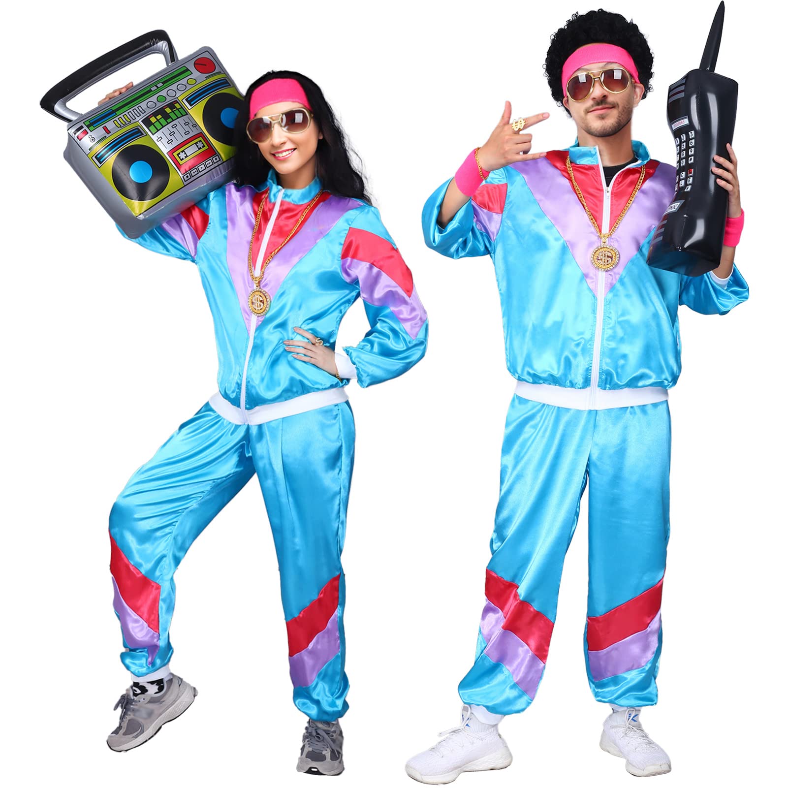 80s Tracksuit Costume with Phone, Radio, Glasses, Headband, Necklace, Ring & Bracelet - Retro Rockstar Outfit for Halloween, Carnival, Neon Theme Party & 80s Dress Up