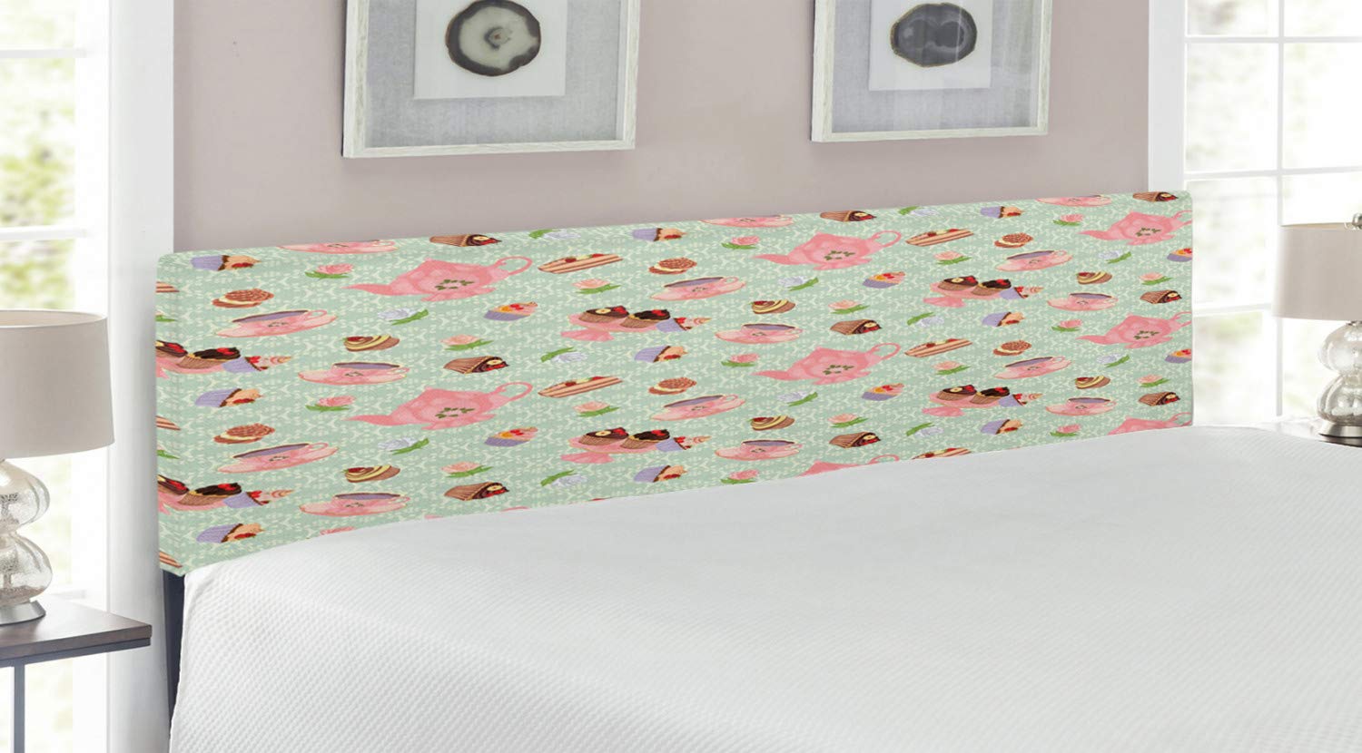 Ambesonne Retro Headboard - Royal British Tea Time Inspired Design with Memory Foam, Upholstered Decorative Metal Bed Frame for King Size Beds | Perfect for Vintage Bedroom Decor & Cozy Tea-Themed Guest Rooms
