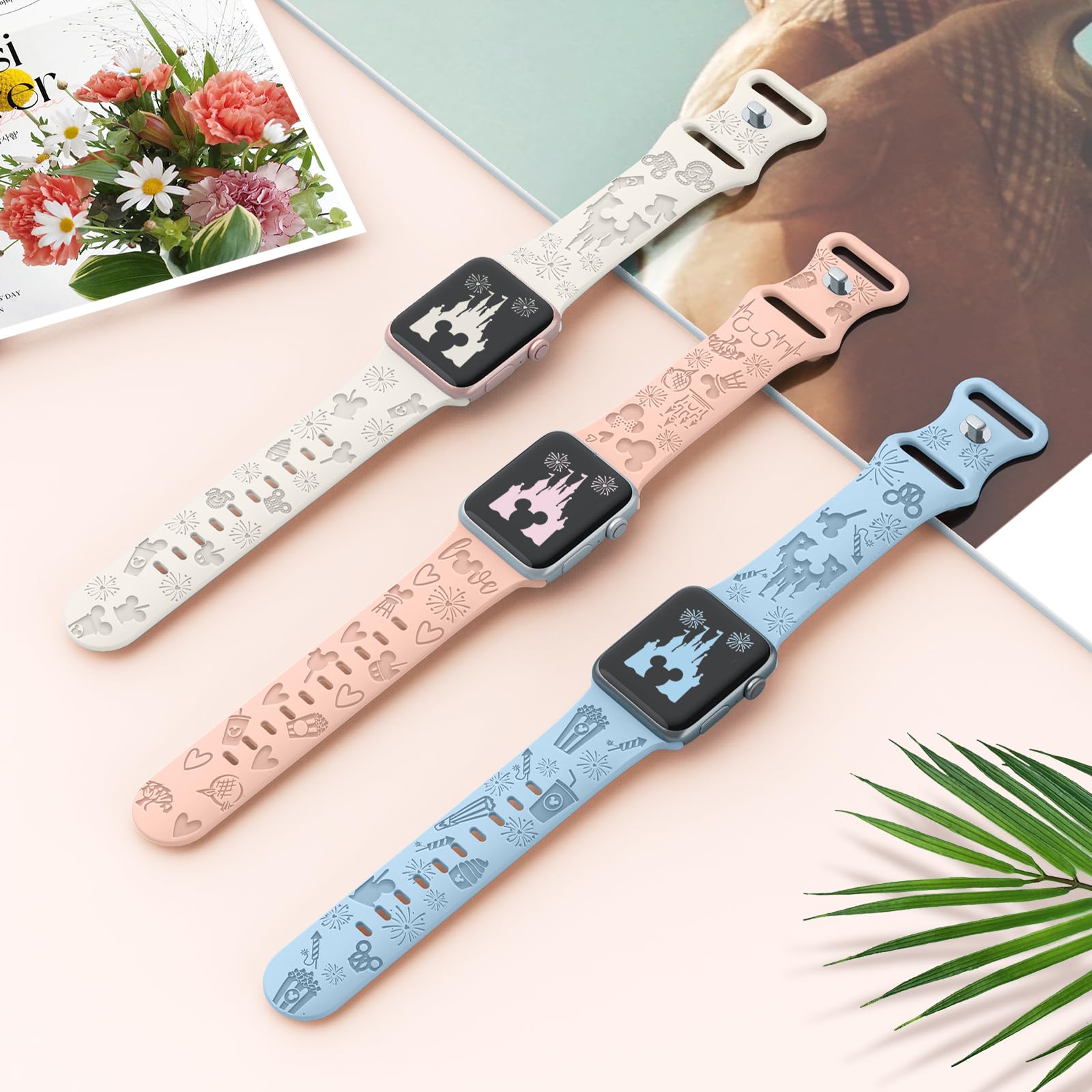 3 Pack Cute Cartoon Engraved Apple Watch Bands - Soft Silicone Wristbands Compatible with iWatch Series 8/7/6/SE/5/4/3/2/1/Ultra (40mm 44mm 41mm 38mm 45mm 42mm 49mm) - Trendy Women's Accessories for Workout, Office & Daily Wear