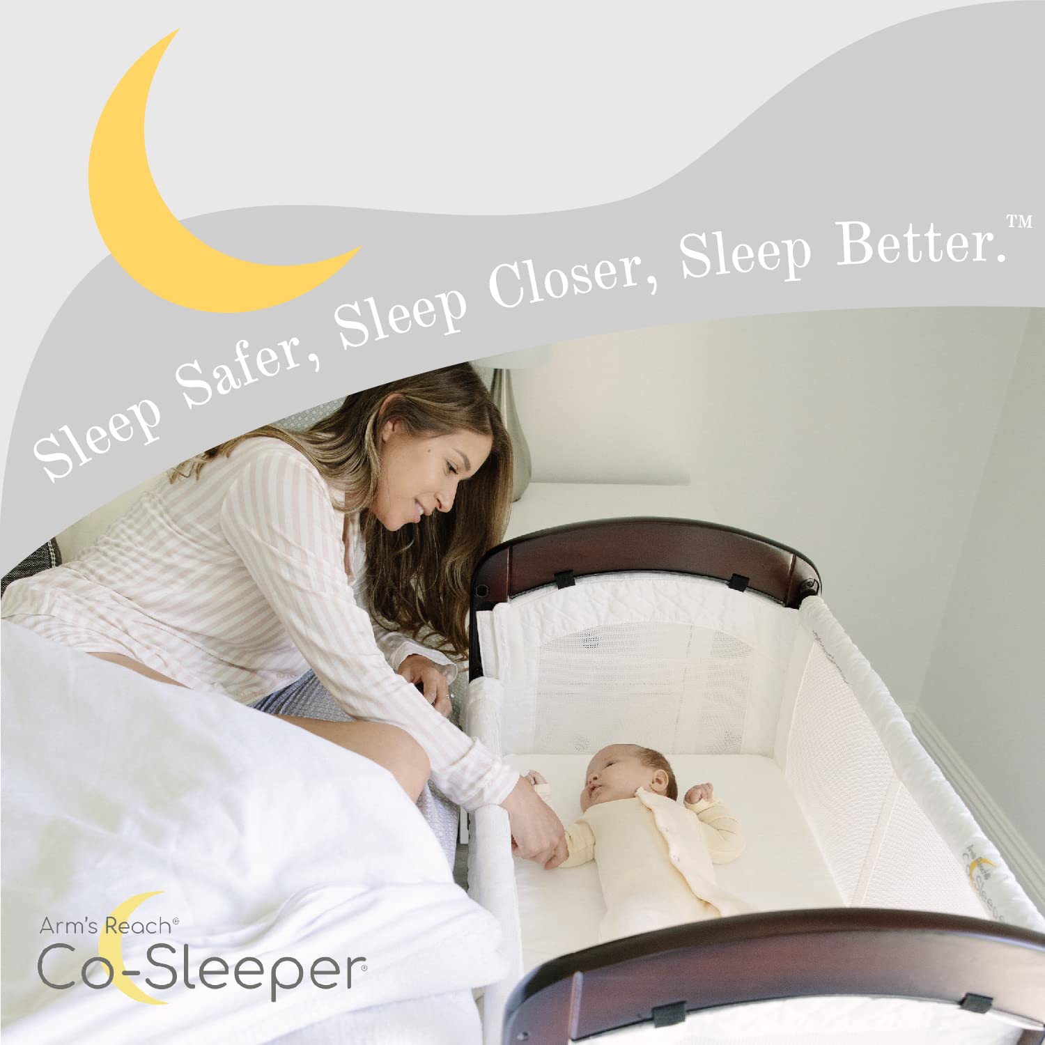 Arm’s Reach Cambria Co-Sleeper Bedside Bassinet - Adjustable Height, Breathable Mesh Sides with Storage Pockets & Large Basket, Espresso/White - Perfect for Newborns & Safe Co-Sleeping in Nursery or Master Bedroom