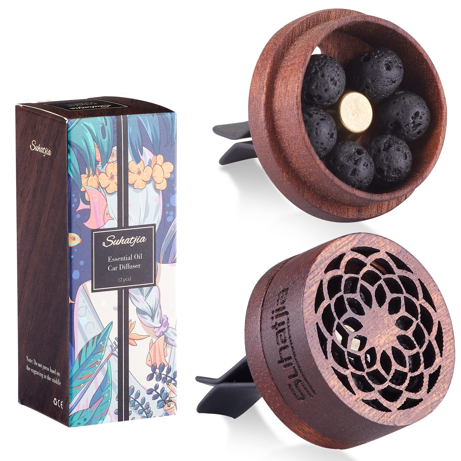 Premium Wooden Car Diffuser for Essential Oils - 2 Pack Aromatherapy Vent Clip with 6 Lava Stones & 2 Refill Pads (Cherry Wood) - Natural Air Freshener for Stress Relief & Relaxation During Commute, Road Trips & Daily Driving