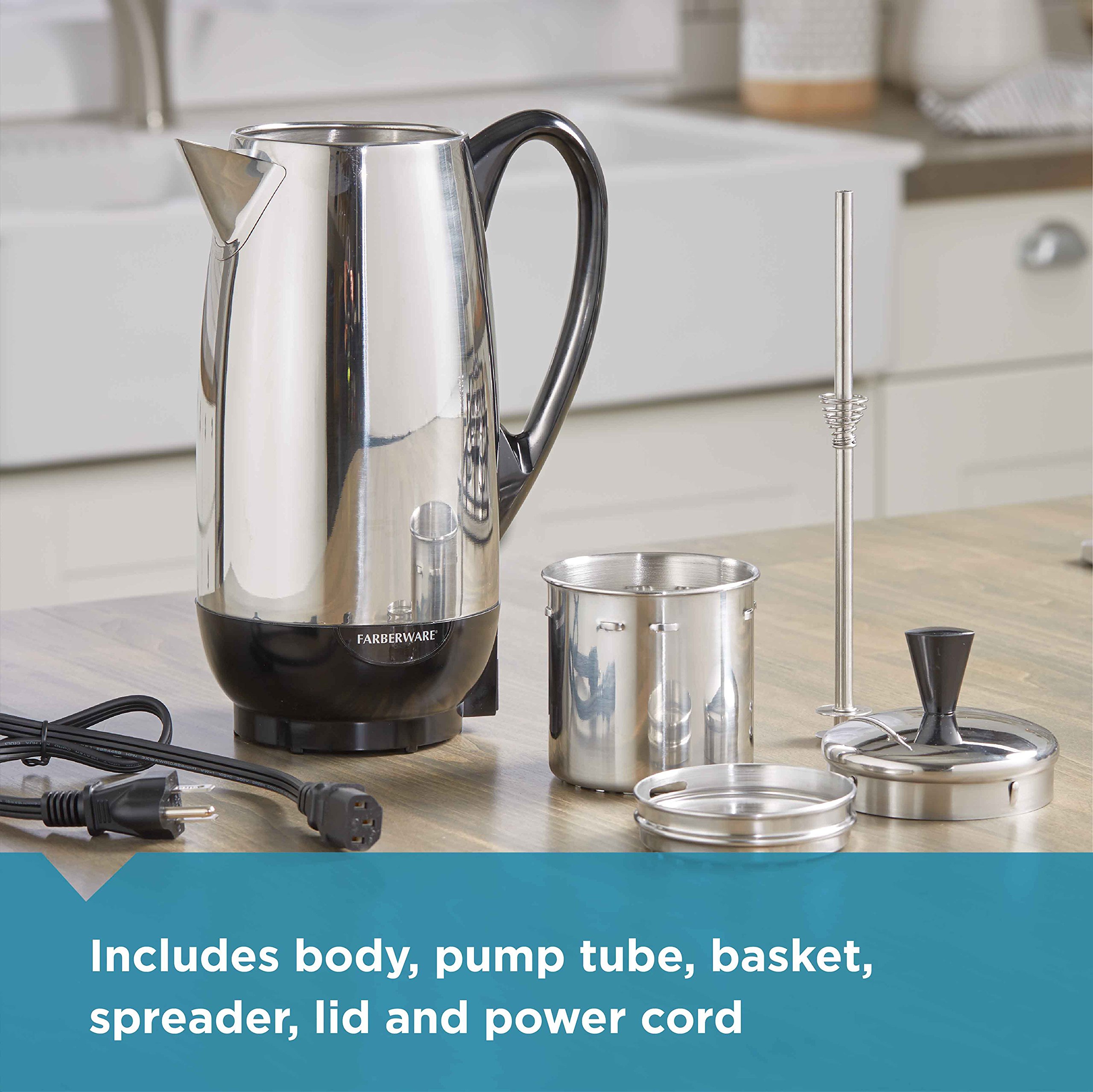 Farberware 12 Cup Electric Coffee Percolator - Stainless Steel Basket Coffee Maker with Auto Keep Warm & No-Drip Spout - Perfect for Home, Office, and Camping Use