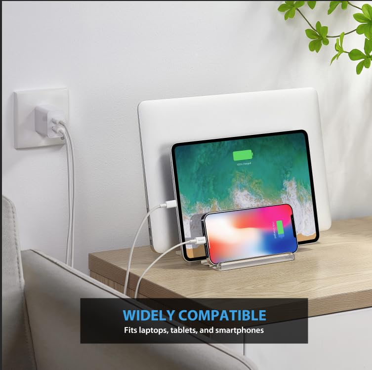 Premium Acrylic 3-Slot Vertical Laptop Stand - Space-Saving Desktop Organizer for Laptop, MacBook, Tablet & Phone (Transparent) - Perfect for Home Office, Dorm & Workspace Organization