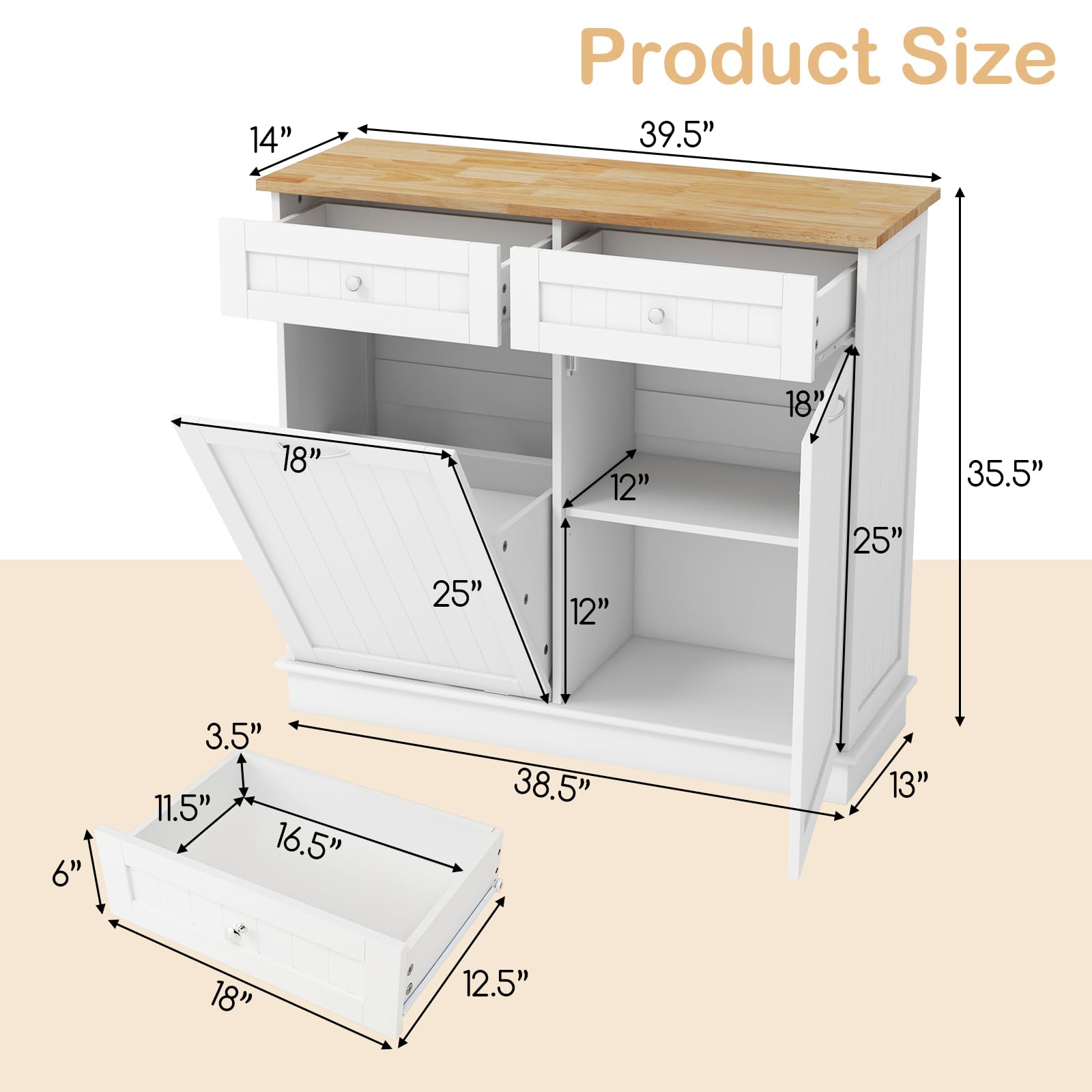 Giantex 15.5 Gallon Kitchen Trash Cabinet with Tilt-Out Bin - White Rubber Wood Countertop, 2 Large Drawers & Adjustable Shelf - Waste & Recycling Organizer for Kitchen Island, Pantry or Utility Room Storage