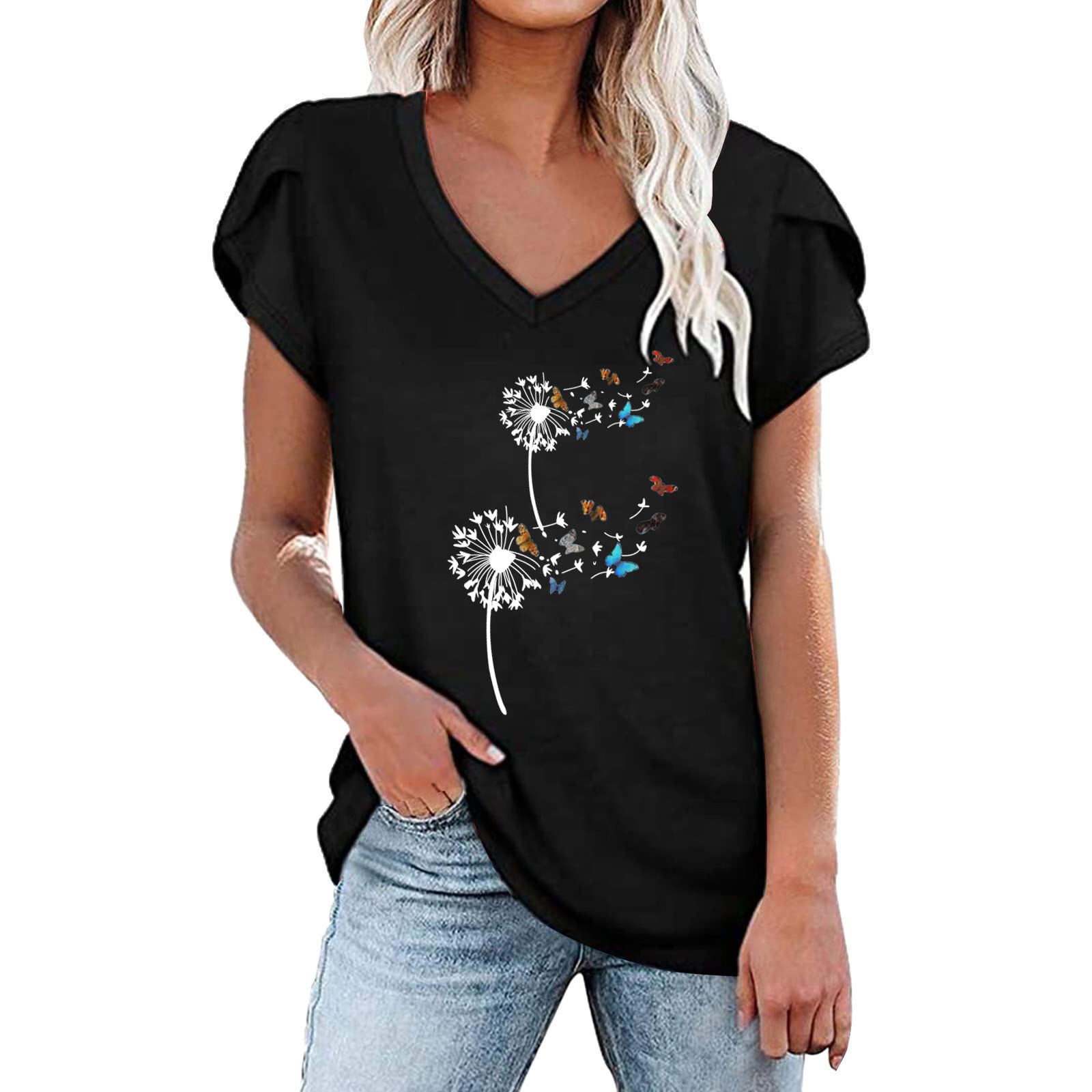 2022 Summer Trendy Floral Graphic Tee for Women - Short Sleeve V-Neck Loose Fit Tunic Tops | Casual Outfit, Beach Wear & Daily Fashion