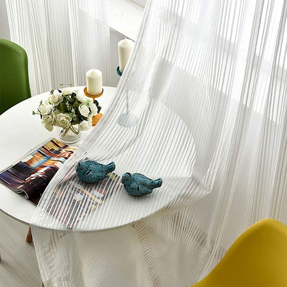 LuVYimO Sheer White Striped Tulle Curtains - Light Filtering Voile Drapes with Eyelet/Punch Holes, 200x270cm - Perfect for Living Room, Bedroom & Wedding Decor