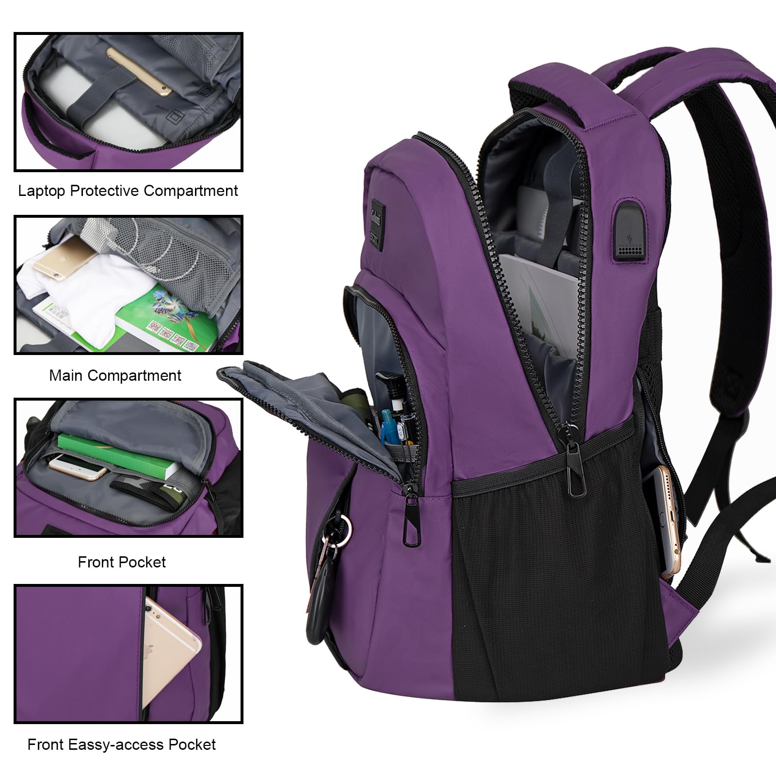 Goloni 15.6 Inch Lightweight Waterproof Laptop Backpack with USB Charging Port - Durable Travel, Work & School Bag for Men & Women - Perfect for College, High School & Business Use (Purple)