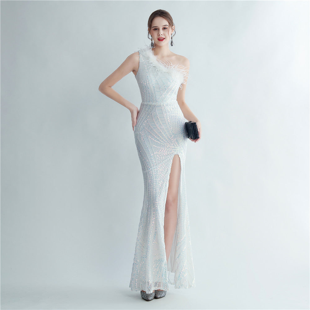 Luxury High-Density Ostrich Hair Sequin Evening Gown with Floral Shoulder Collar - Elegant Prom, Wedding & Formal Party Dress for Women