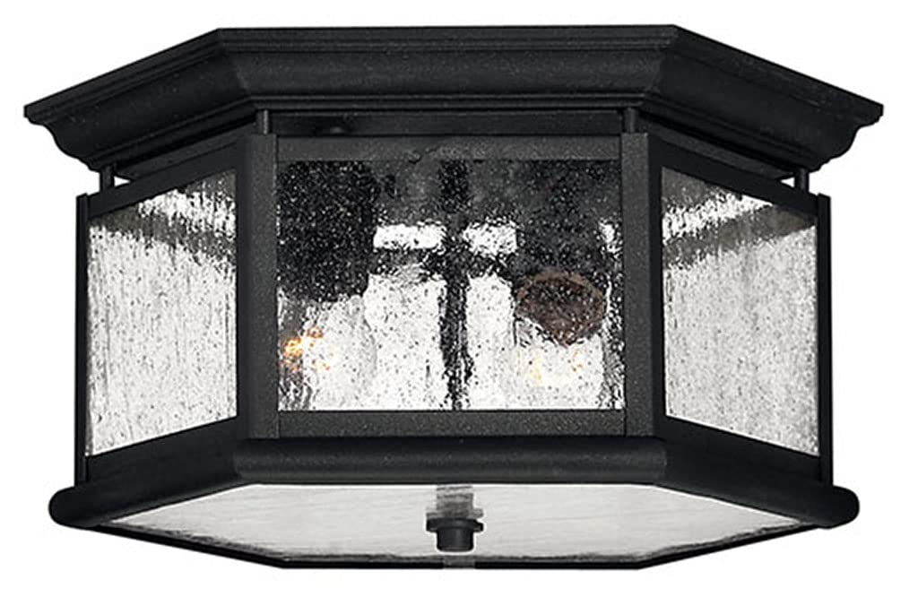 Hinkley Edgewater Small Outdoor Flush Mount Ceiling Light - Black Aluminum with Clear Seedy Glass Shade - Traditional Style for Porch, Patio & Entryway Lighting