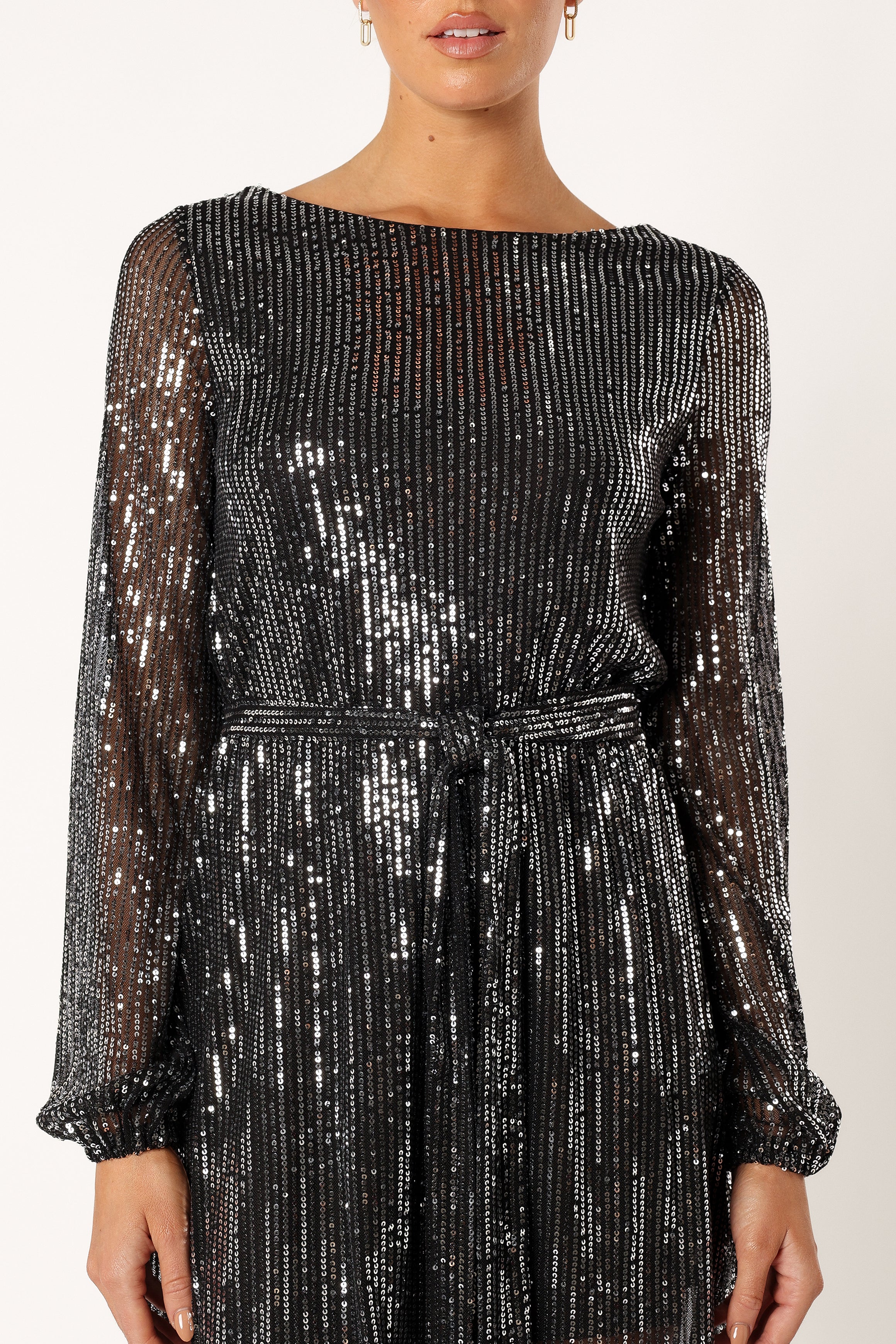 Linnie Long Sleeve Mini Dress with Black Sequin - Elegant Party Dress for Women, Perfect for Cocktail Parties, Night Out, and Special Occasions
