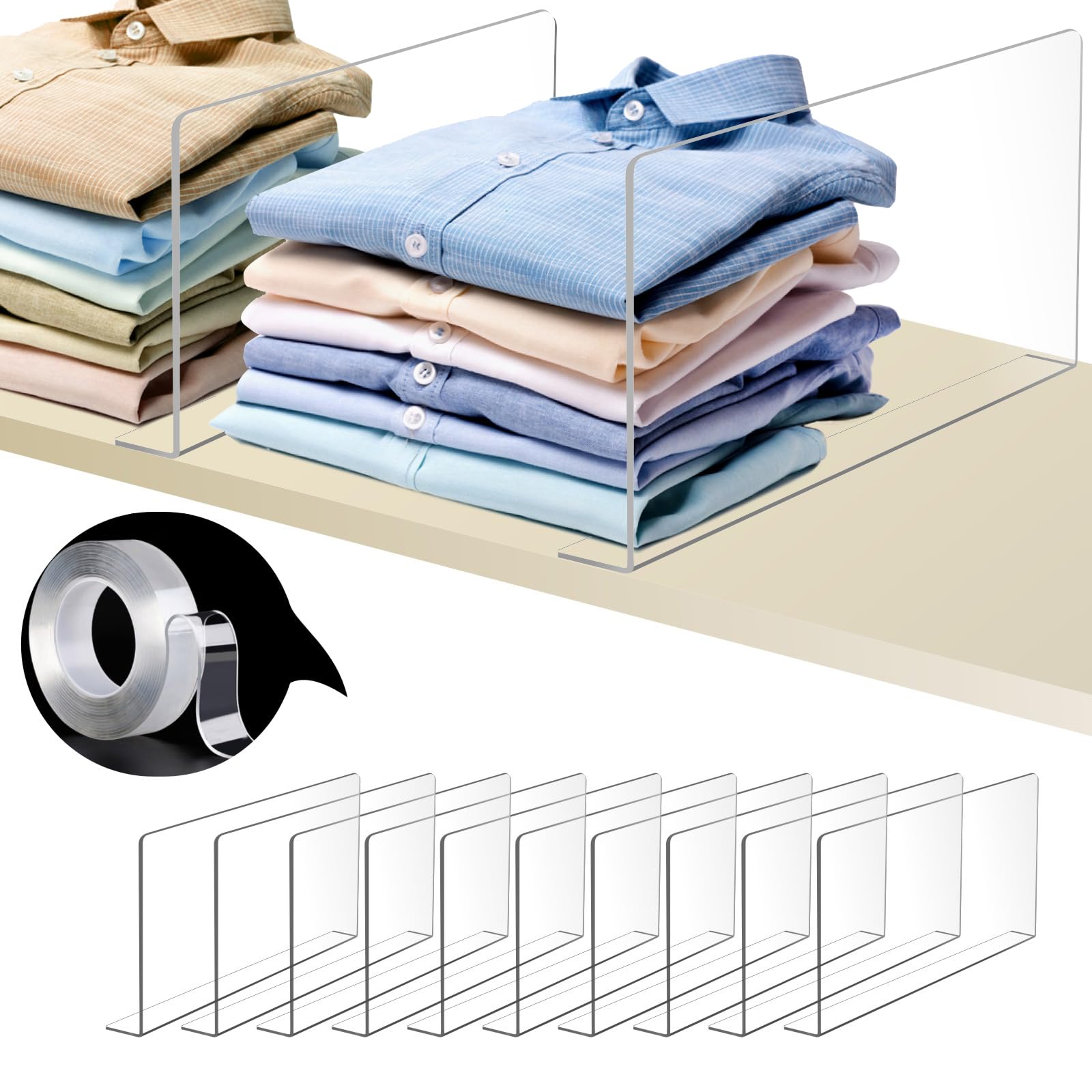 8-Pack Clear Acrylic Shelf Dividers for Closet Organization - 8 Inch Tall Plastic Shelf Organizers for Sweaters, Cabinets & Shelves | Perfect for Wardrobe, Pantry & Retail Display Organization