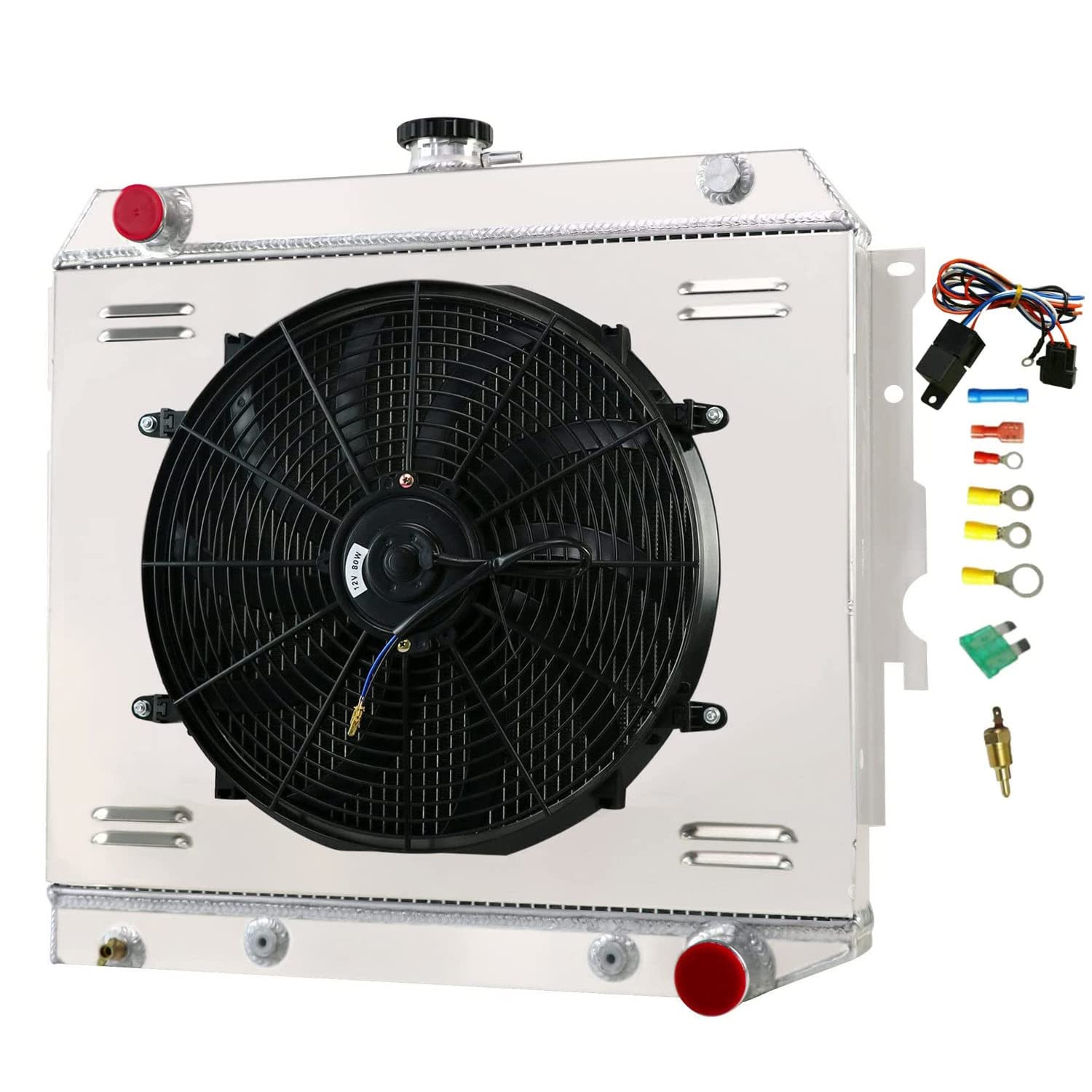 62MM 4 Row Aluminum Radiator with Electric Fan Shroud & Thermostat Kit - Compatible with 1970-1973 Dodge Charger, Challenger, Barracuda, Coronet & Plymouth Satellite V8 - High-Performance Cooling for Classic Muscle Cars