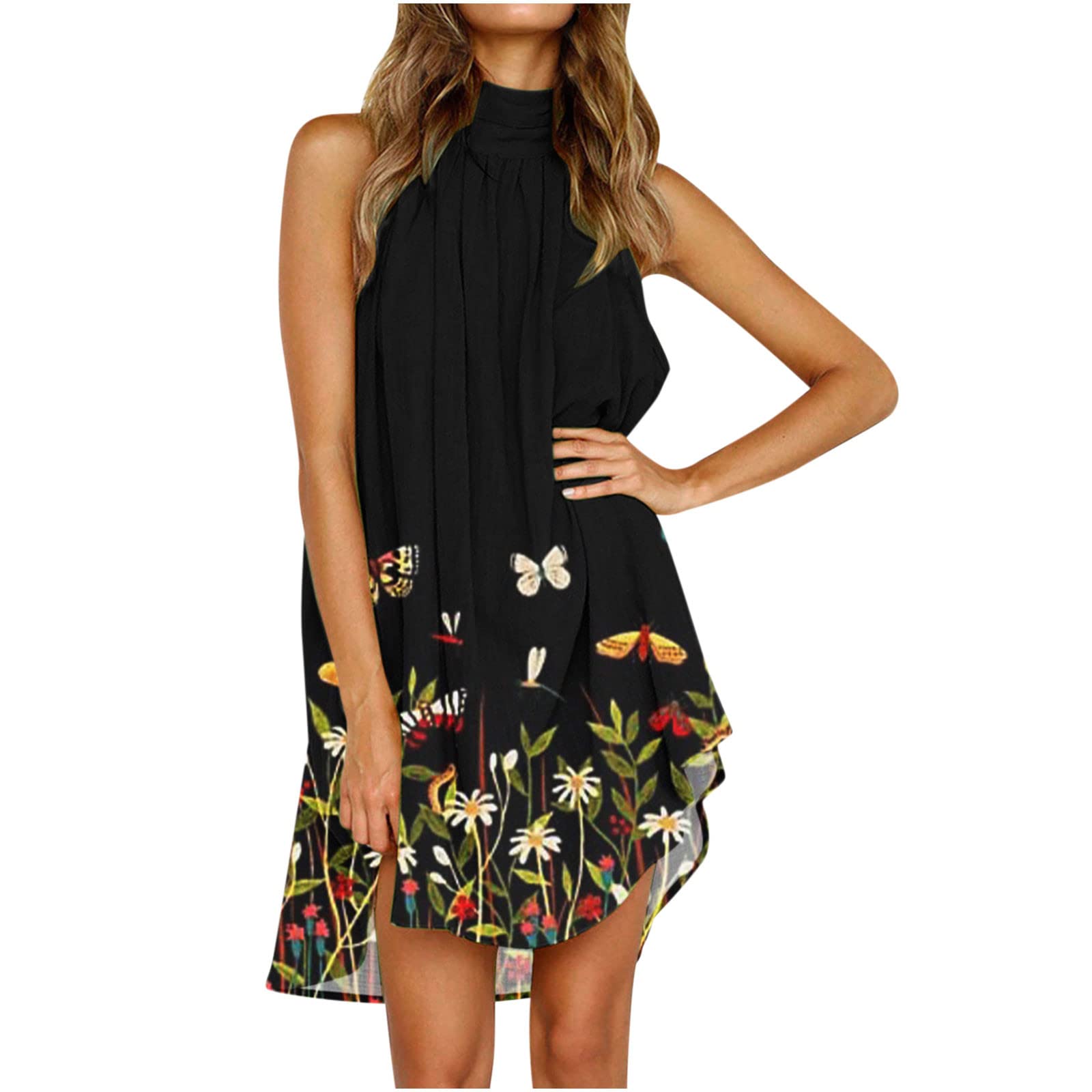 Boho Summer Dresses for Women - Casual Loose Halter Sleeveless Floral Printed Swing Beach Dress - Perfect for Vacation, Beach Party & Outdoor Festivals