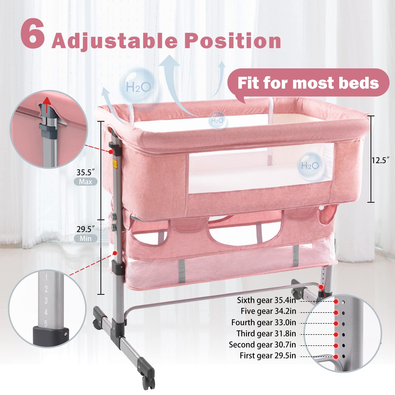 Ihoming Baby Bassinet Bedside Sleeper - Adjustable Folding Crib with Storage Basket for Newborns & Infants | Portable Nursery Bed for Bedroom, Travel & Home Use (Pink)