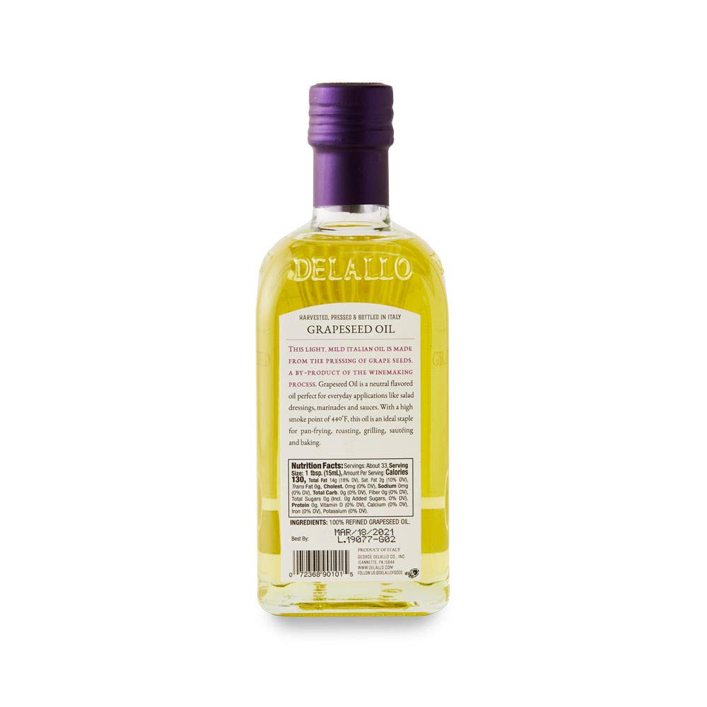 Delallo Grapeseed Oil - 100% Pure, Cold Pressed, High Heat Cooking Oil - Perfect for Frying, Baking & Salad Dressings