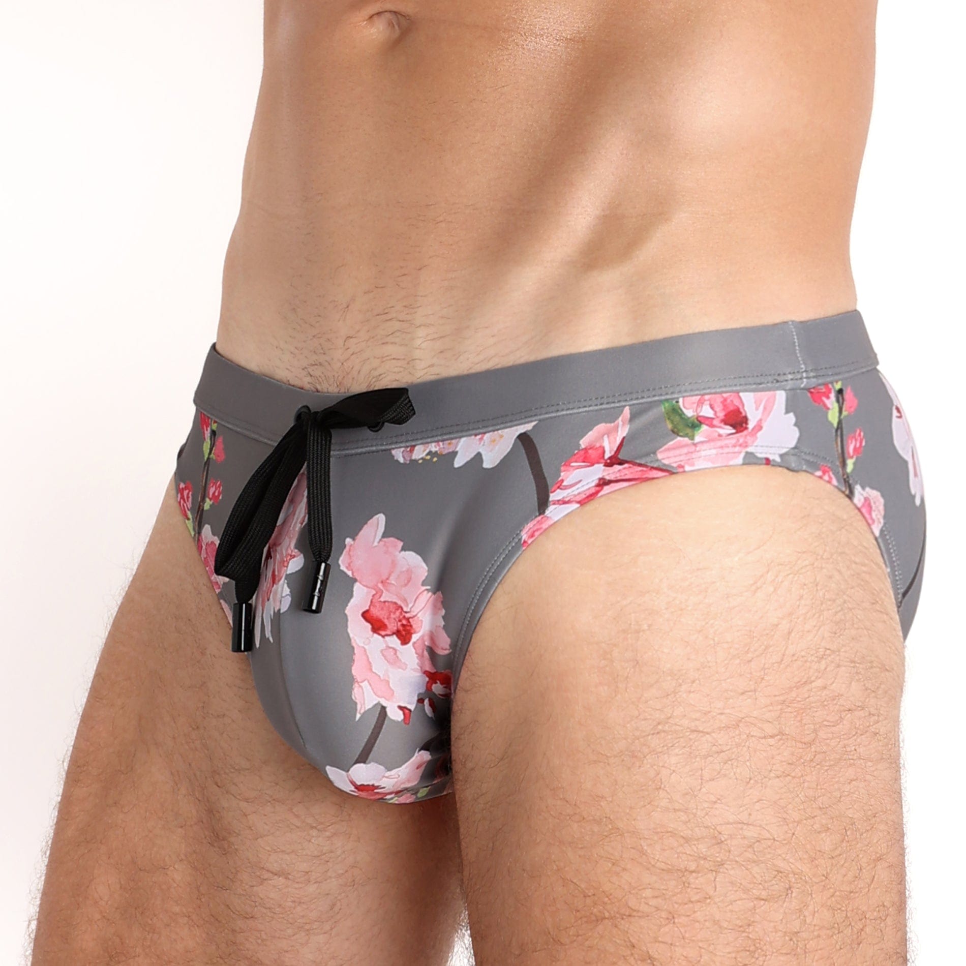 Cherry Blossom Grey Swim Briefs for Men - Quick Dry Comfortable Swim Trunks - Perfect for Beach, Pool, and Summer Vacation