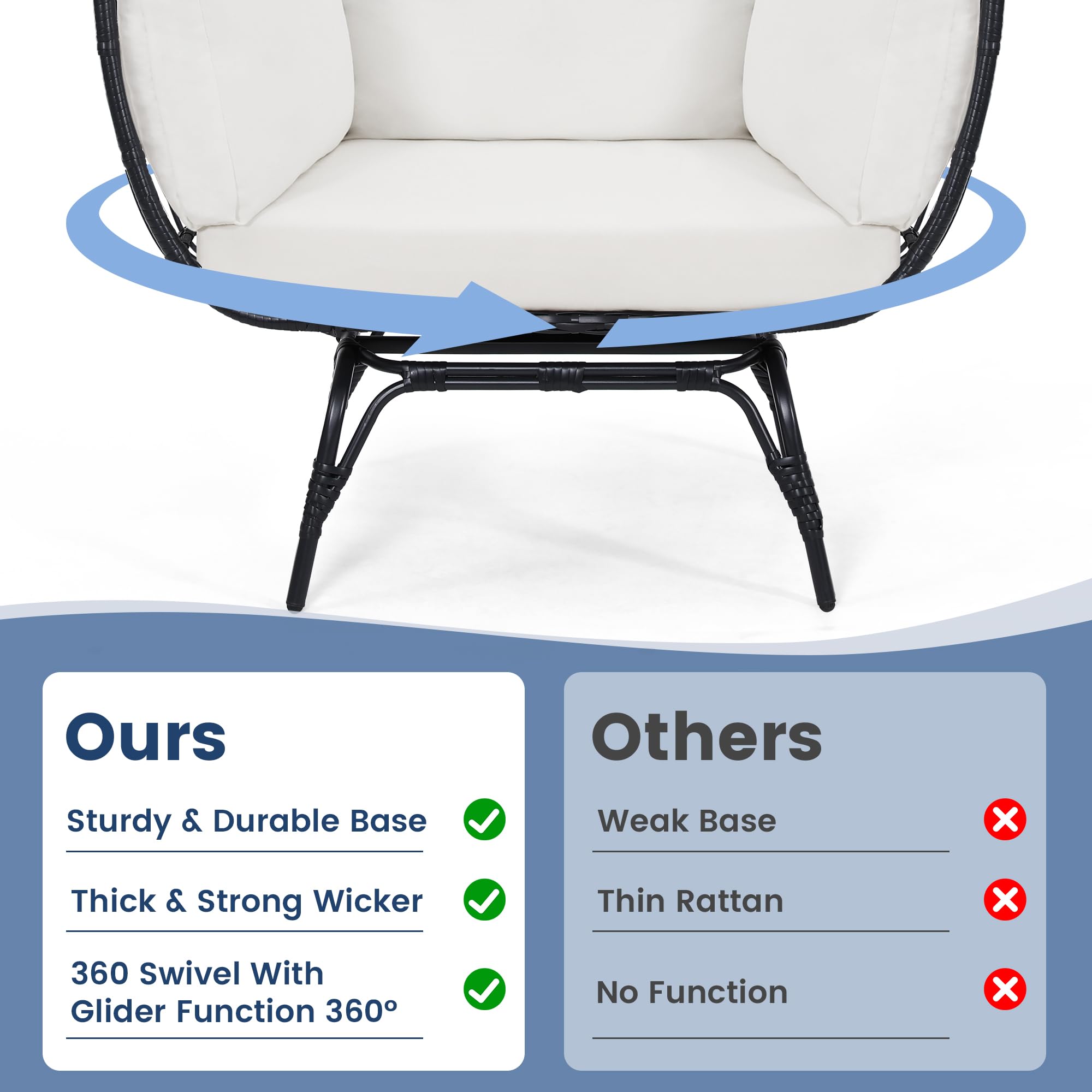 360° Swivel Rattan Egg Chair for Adults - Oversized Indoor/Outdoor Wicker Hanging Chair with Beige Cushions - Perfect for Patio, Garden, Living Room & Balcony Relaxation - Black Rattan Egg-Shaped Lounge Chair with Thick Comfortable Cushions