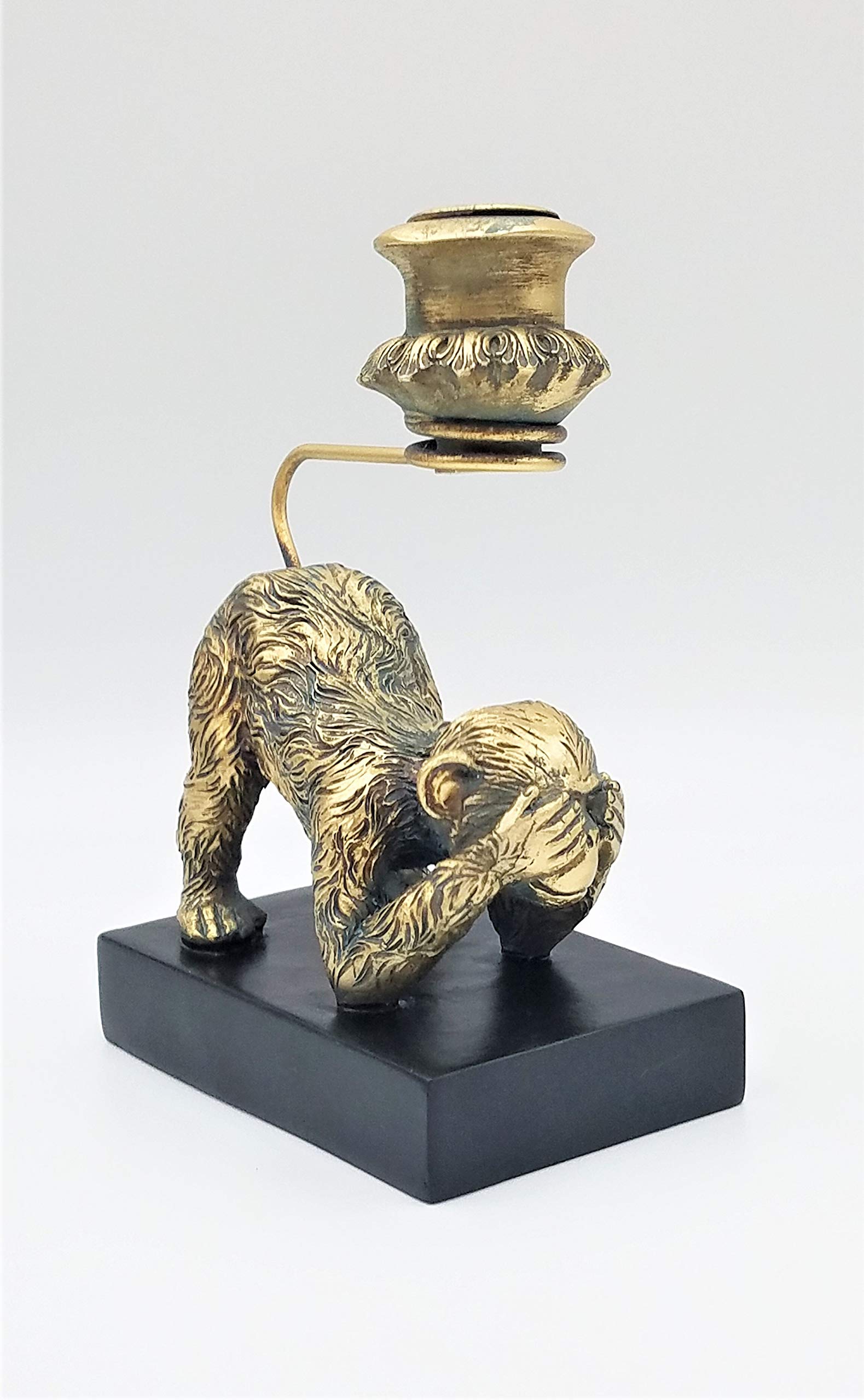 Antique Bronze Resin Crouching Monkey Taper Candle Holder - Handcrafted Detailed Home Decor for Dining Table, Mantel, or Wedding Centerpiece