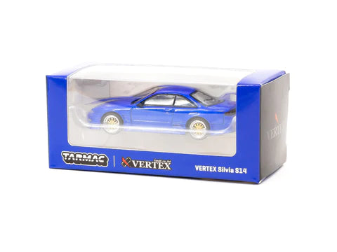 Tarmac Works 1:64 Scale Nissan Silvia S14 Vertex Edition Diecast Model Car - Blue Metallic Finish | Collectible Miniature Toy for Display, Racing Dioramas & Car Enthusiasts