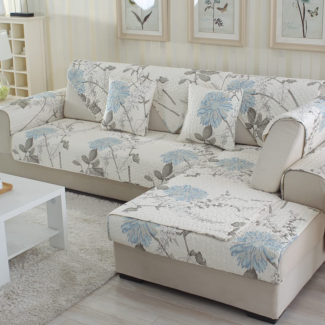 VCTOPS Cotton Quilted Sofa Cover - Non-Slip Printed Sectional Couch Protector for Pets, Soft Furniture Slipcover for Dogs & Cats - Fits Love Seat, Recliner & L-Shaped Couches (Floral Pattern, 36