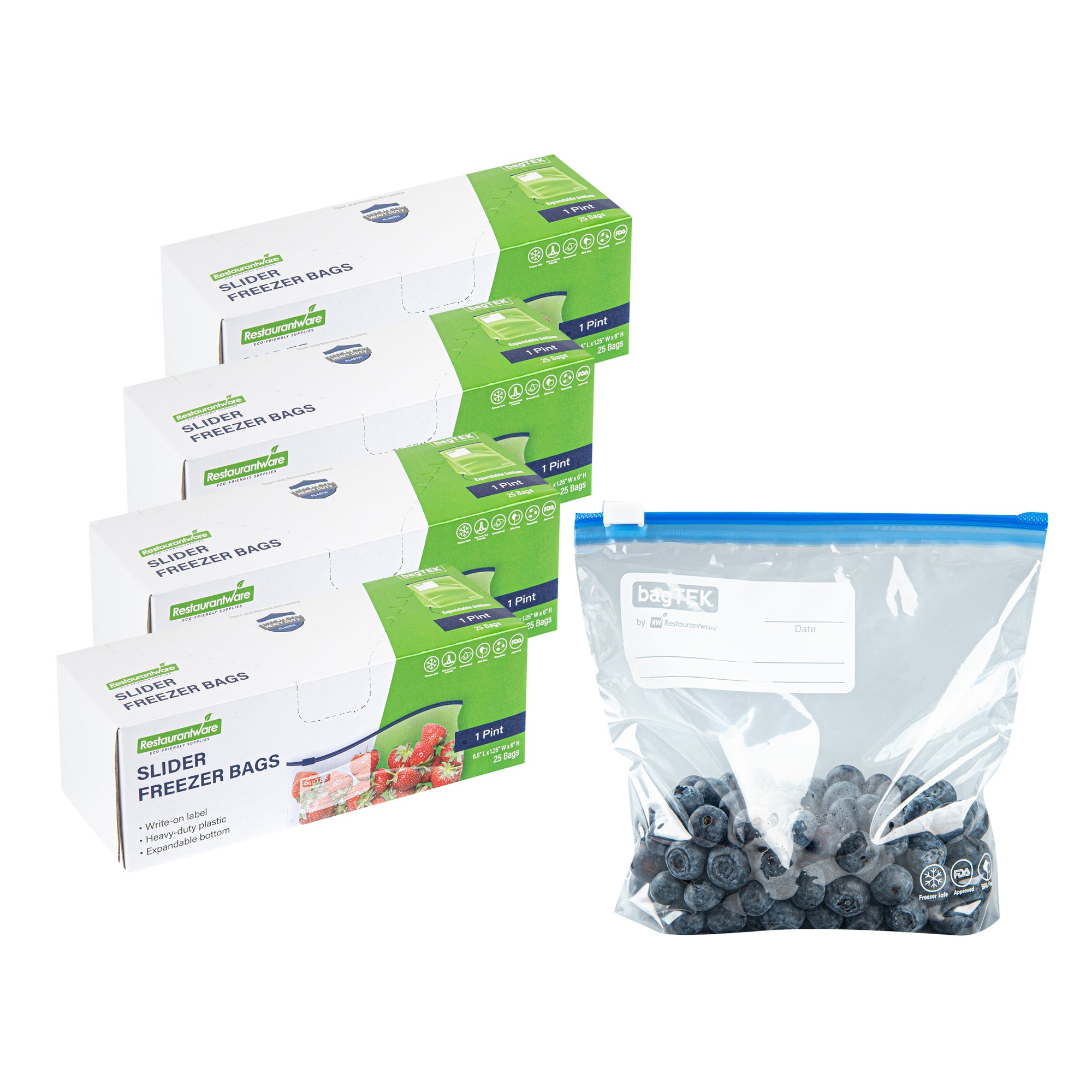 BPA-Free Pint Size Clear Plastic Slider Freezer Bags - Expandable Bottom, Write-On Label (6.5