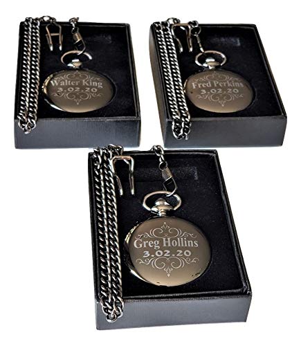 4-Piece Custom Engraved Pocket Watch Set - Black Wedding Gift with Free Engraving, Gift Box & Chains - Perfect for Anniversaries, Graduations & Special Occasions