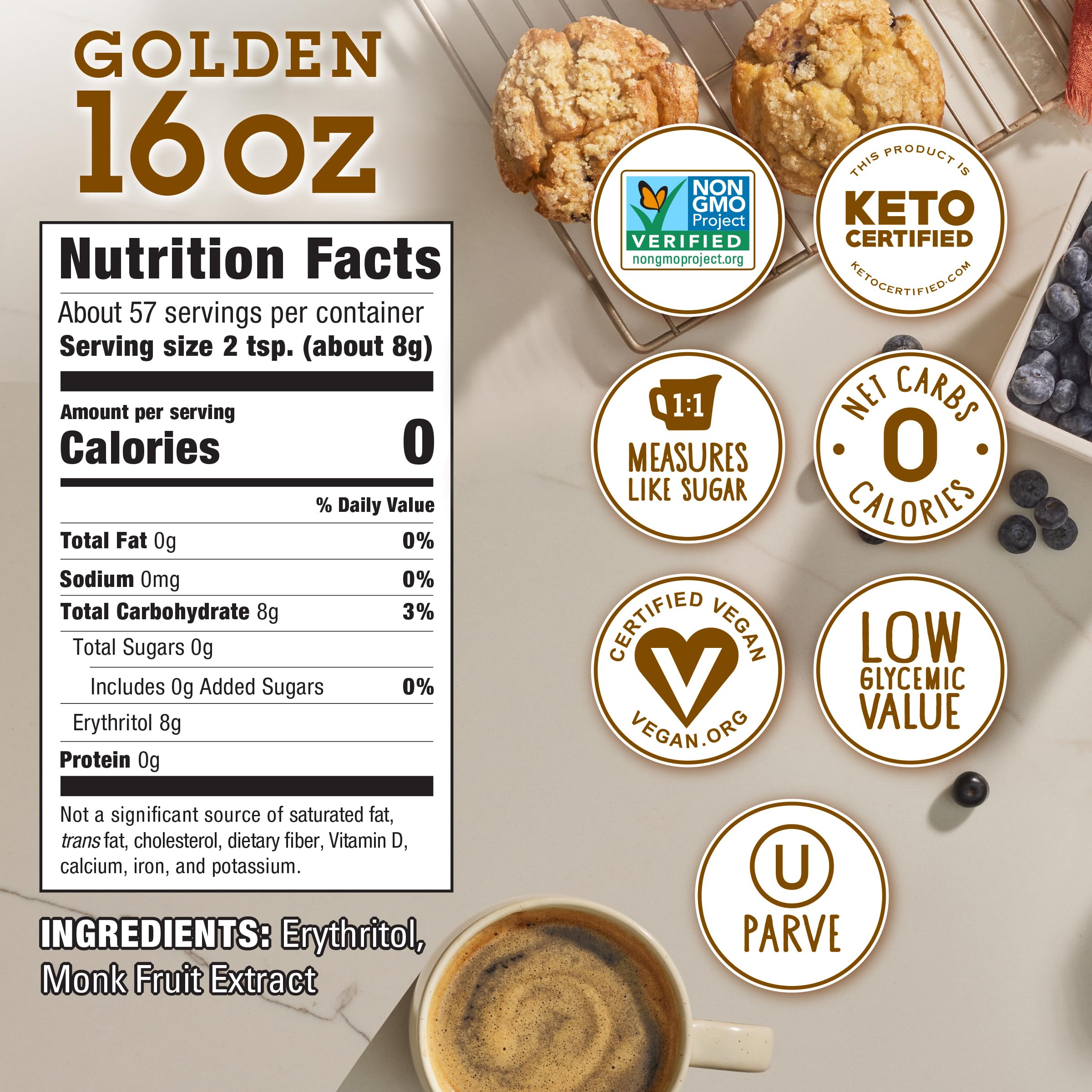 Monk Fruit In The Raw Golden 16 oz Baker's Bag - Natural Sugar-Free Sweetener with Erythritol (Pack of 1) | Perfect for Baking, Coffee & Keto-Friendly Recipes