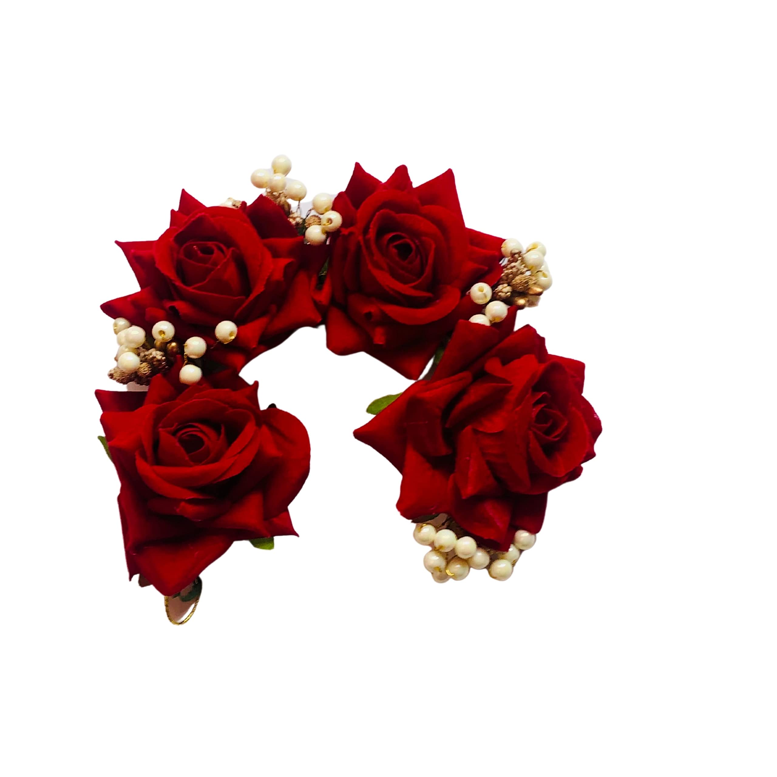 Handmade Pearl & Rose Flower Hair Bun | Bridal Hair Pin | Wedding & Bridesmaid Hair Jewelry | Artificial Gajra Veni Hair Accessory (Red) – Perfect for Weddings, Parties & Special Occasions