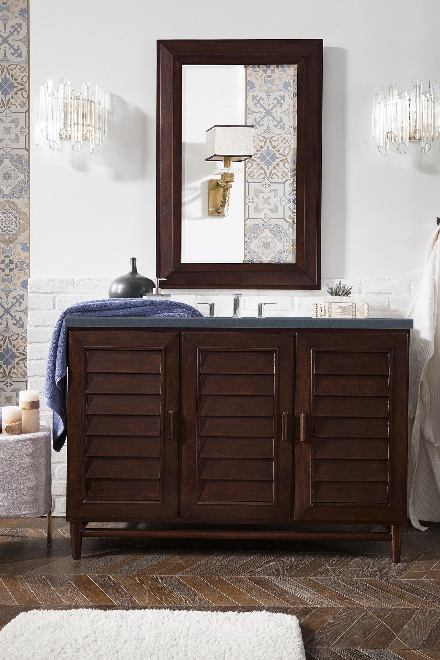 Portland 48 Inch Single Bathroom Vanity with Burnished Mahogany Finish & 3CM Charcoal Soapstone Quartz Countertop - Modern Bathroom Storage Solution for Small Spaces