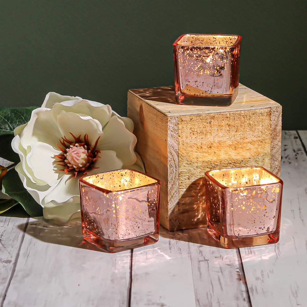 Richland Rose Gold Mercury Glass Square Votive Holders - Set of 72 for Wedding, Party, and Home Decor