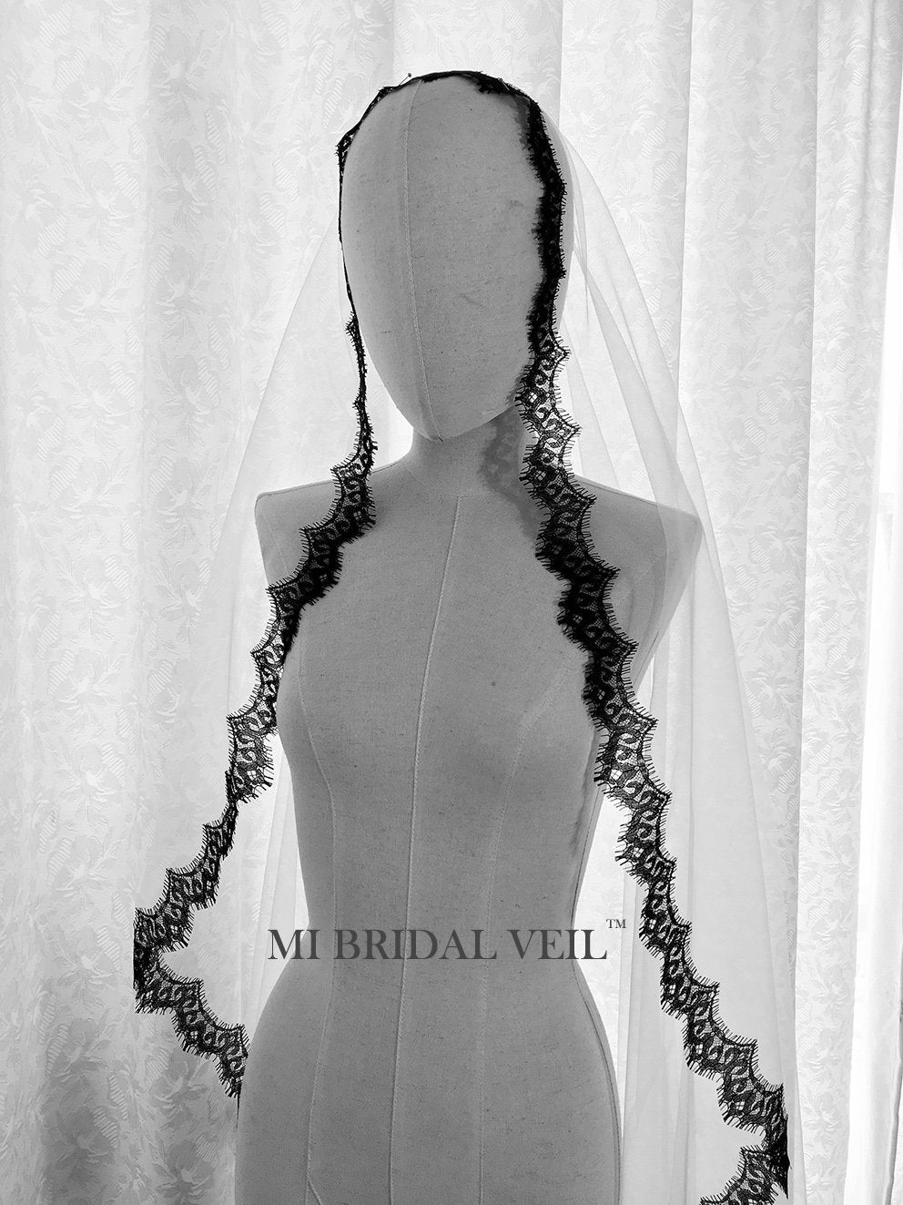 Elegant Black Chantilly Lace Mantilla Wedding Veil - Cathedral Length Bridal Veil for Romantic Weddings & Formal Events | Perfect for Vintage, Gothic, or Spanish-Themed Ceremonies